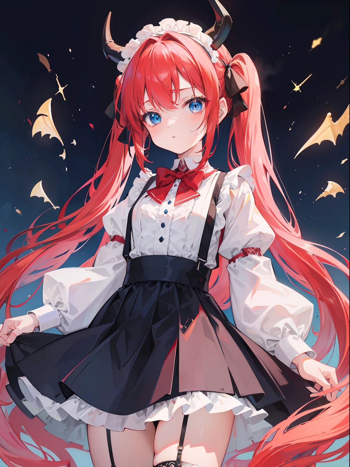 {{best quality}}, {{masterpiece}}, {{ultra-detailed}}, {illustration}, {detailed light}, red hair,blue eyes,twintails,lolita,Suspenders skirt,Fantastic,loli,solo,Dragon horns, girl,long hair