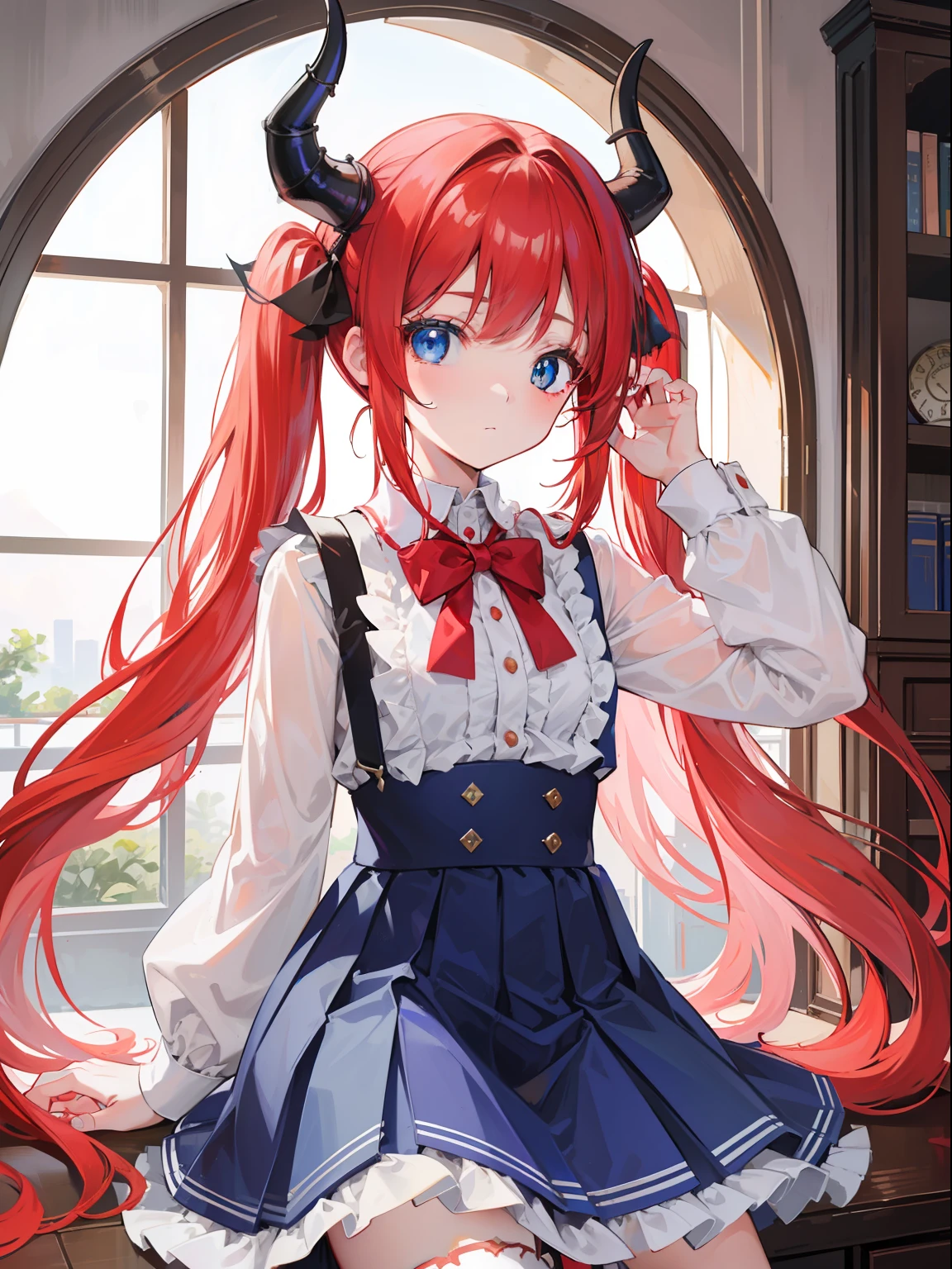 {{best quality}}, {{masterpiece}}, {{ultra-detailed}}, {illustration}, {detailed light}, red hair,blue eyes,twintails,lolita,Suspenders skirt,Fantastic,loli,solo,Dragon horns,little girl,long hair