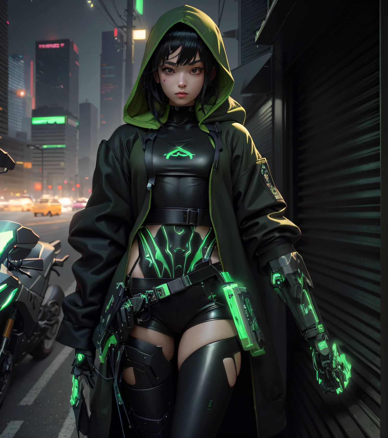 Anime girl in green hoodie,cyberpunk anime girl in hoodie, black haired girl wearing hoodie, realistic anime artstyle, Robotic arm,Metal belt,thongs,satchel,anime styled digital art, anime realism style