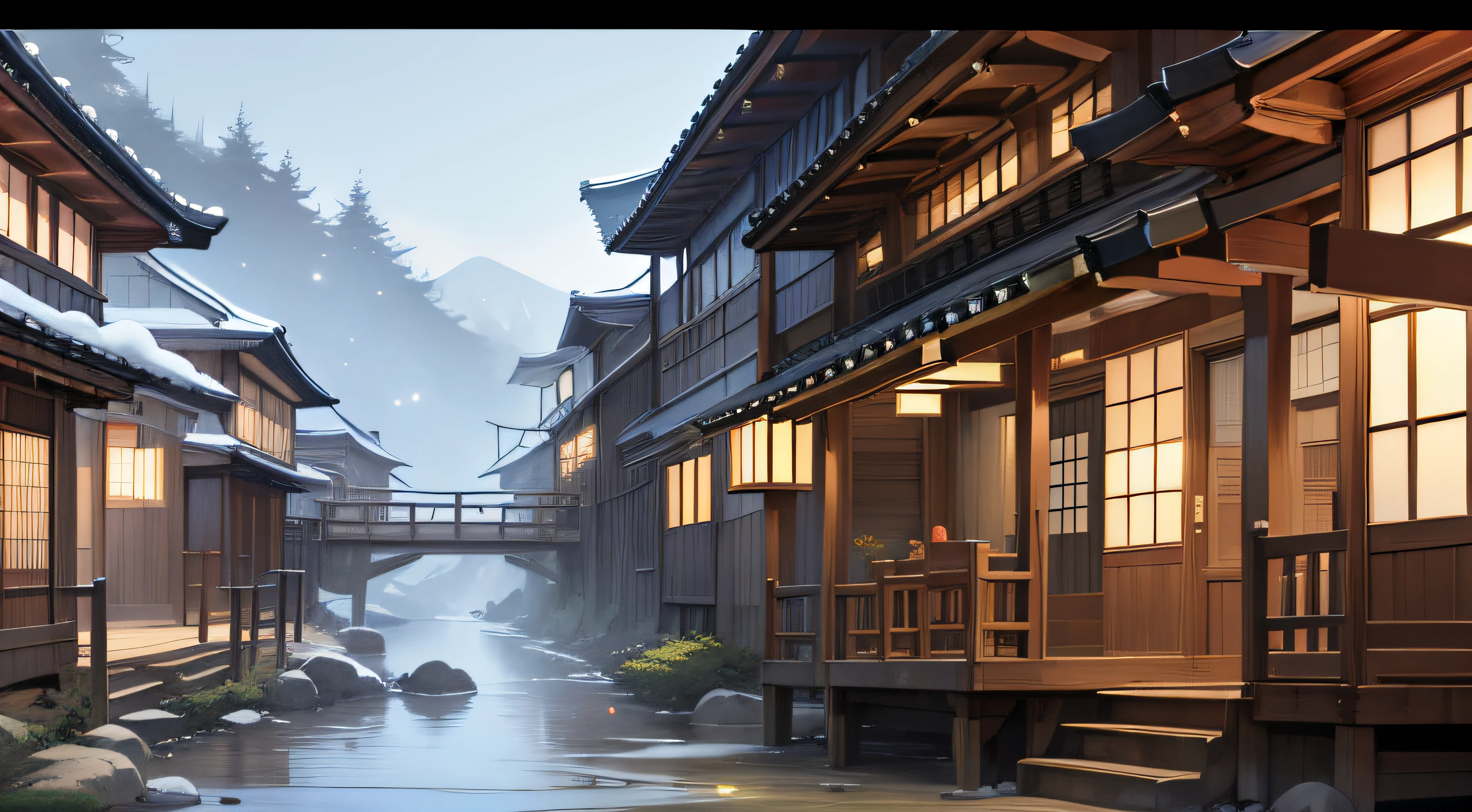 A photo taken from a computer screen in a Japanese village, Beautiful rendering of the Tang Dynasty, traditional japanese concept art, akihiko yoshida. illusory engine, beautiful anime scenes, japanese town, inspired by Kanō Hōgai, Beautiful digital artwork, 8K high quality detailed art, Beautiful wallpaper, Moonlight snow, Anime background art, digital painting of a pagoda