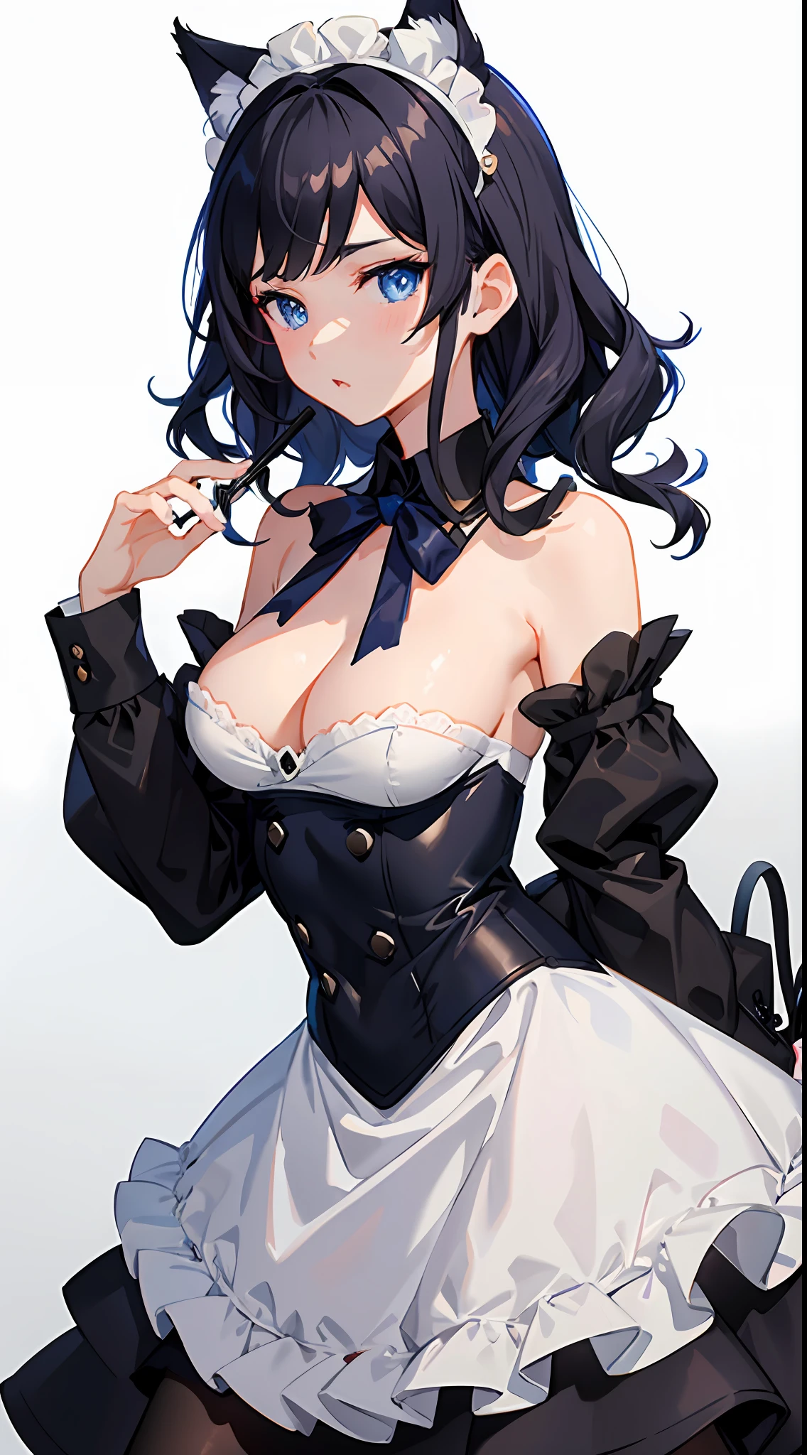 {{masterpiece}}, short wavy hair, navy hair, black cat ear, blue eyes,maid clothes、、Fashionable background