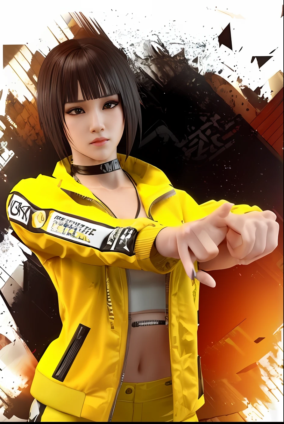 a close up of a person in a yellow jacket pointing a finger, as a character in tekken, female action anime girl, wearing cyberpunk 2 0 7 7 jacket, realistic anime 3 d style, an edgy teen assassin, in the style of sifu :2, 3 d anime realistic, clothes yellow Detailed,short hair,pants long yellow detail,black hair, perfect fingers
