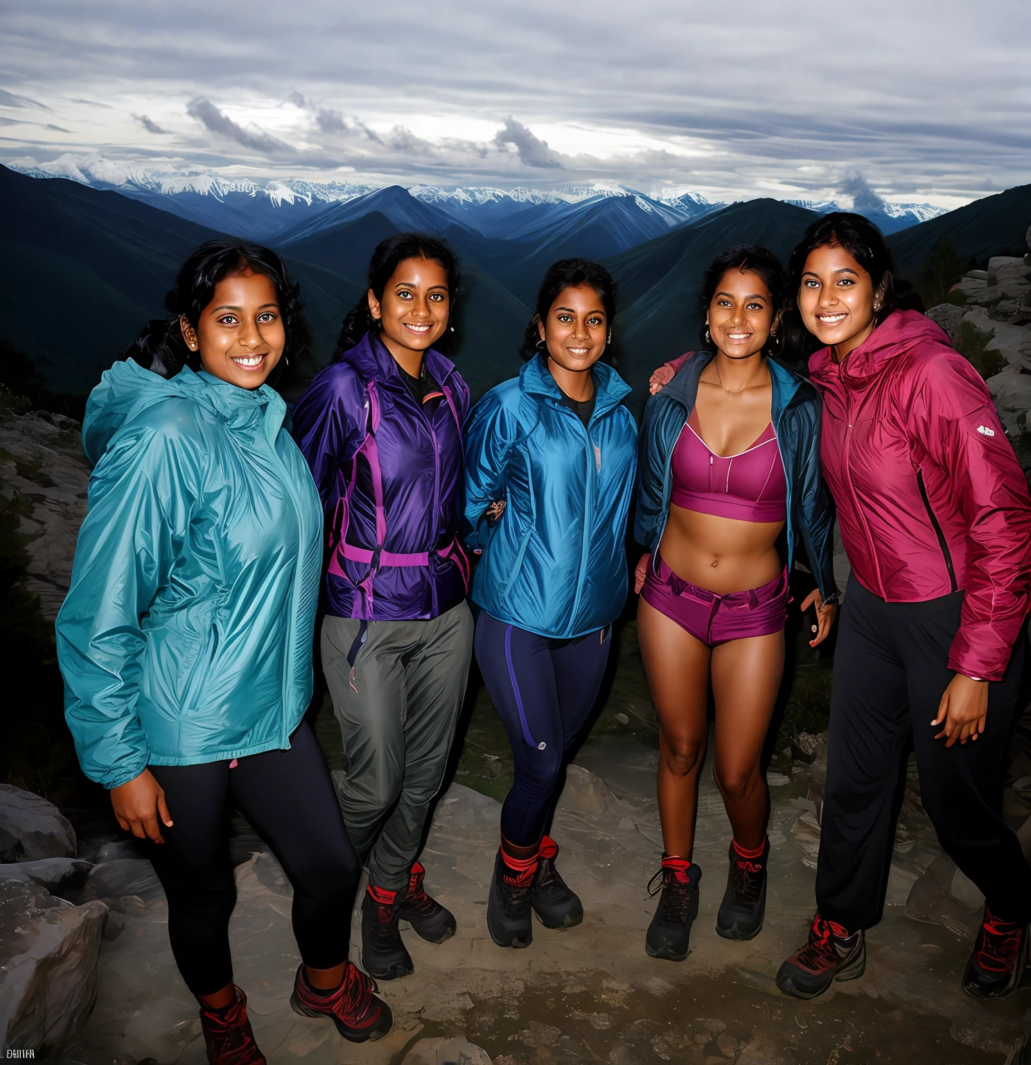 Indian woman hiker at the mountaintop, cold weather clothes, jacket opened to show strapless bra, plumpy, no abs, updo, standing, in a group of people, onoff