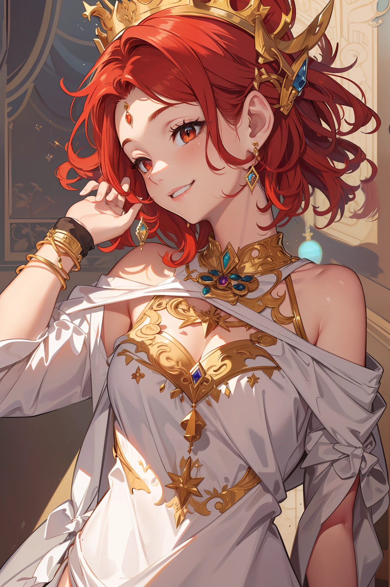 Red hair, longeyelashes, Golden Eyes,Smile, Short hair, Elaborately crafted crown, Power stone with a large shine on the forehead, Sharp eyes,Elaborate clothing, Greek Dresses, religious painting, full body Esbian, Faraway view, hightquality, Glowing shadows