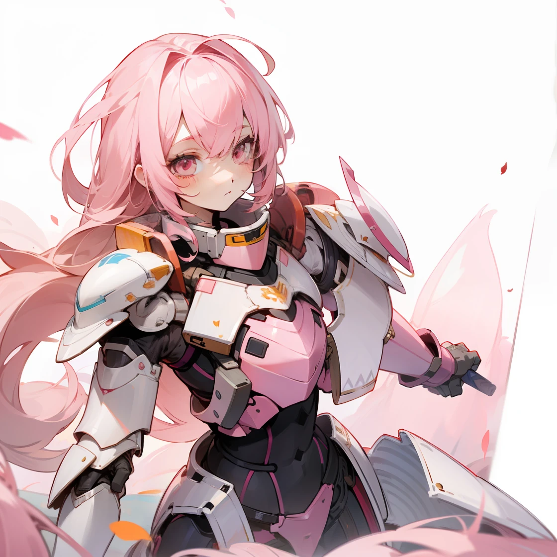 then, um martelo enorme, holding it with your free hand, Standing up, Slightly difficult to handle, faded pink hair, pale pink eyes, giant hammer, light armor