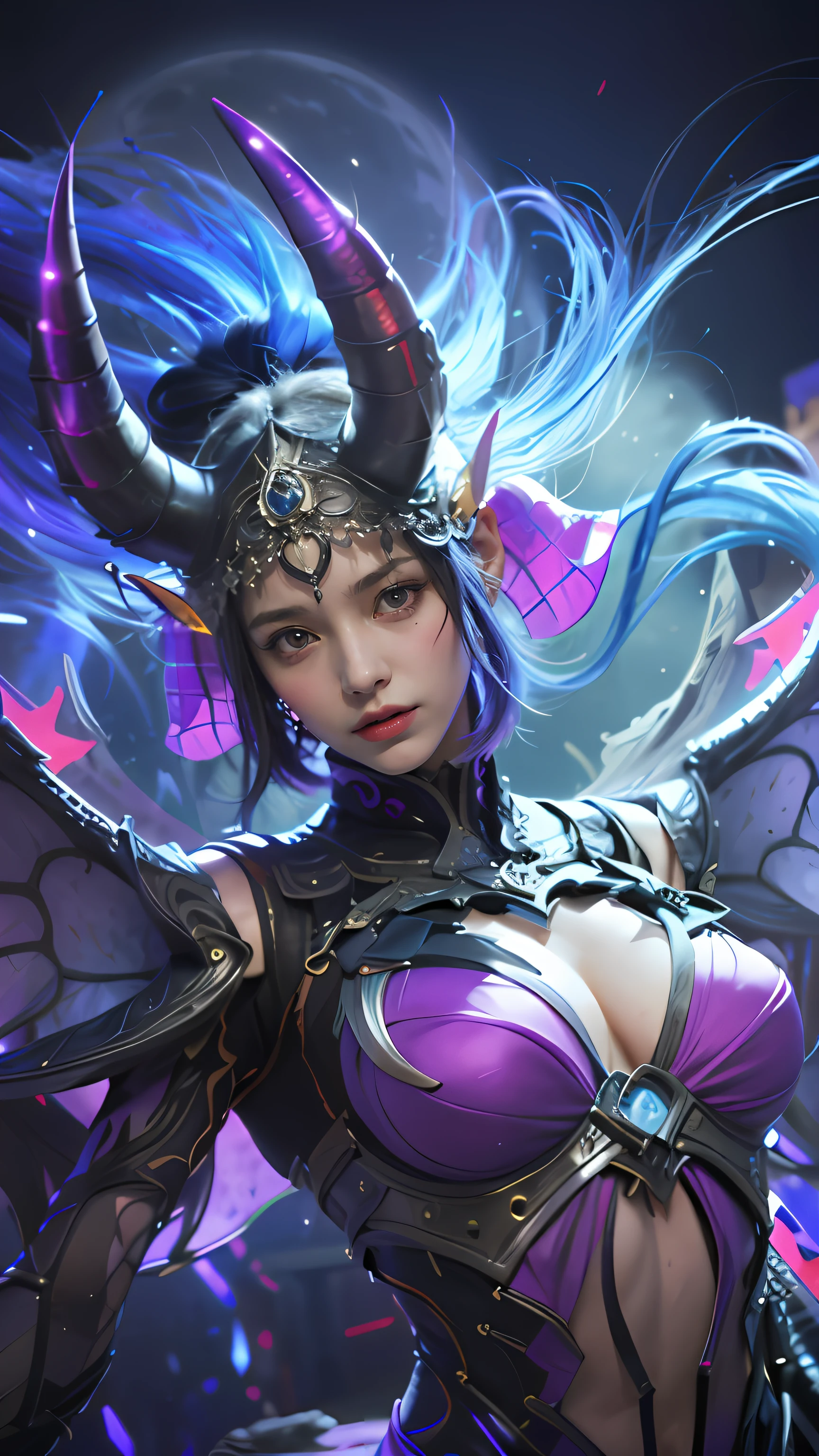 (8k, best quality, masterpiece:1.2), (realistic, photo-realistic:1.37), ultra-detailed,
A detailed portrait of 1 21 year old girl, fantasy character, violet eyes, blue hair, detail face, pale skin, face facing the camera, wearing scary costumes, bat suit, she has horns on his head. The scene is illuminated with professional lighting, photon mapping, and radiosity, with Tetsuya Nomura Style and a scary feel. Urban background with blur or bokeh effect, neon details, realistic light.