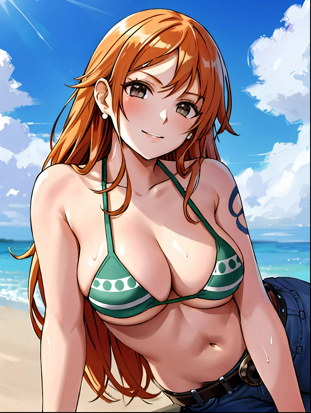 detailed background, masterpiece, 4k, epic, best quality, late youth, adult, milf, athlete body, 1girl, active, energic, ((wide open mouth, smile, lying on the ground, fully lying down, open eyes, hands spread sideway)) , solo, nami \(one piece\), 1girl, bangle, (very missy hair, tired, open mouth, feeling hot, tilting head, both hands spreadeagled, serious, hurt, glaring, open eyes, looking up, perfect detailed face, round face) bold drawing lines, muscular arms, detailed bold arm lines, flat jaw, adult woman, wavy wide streaked bangs, floating bang, (big cheeks), bare shoulders, off-shoulders, belt, bikini, bikini top only, blue sky, bracelet, springy breasts, breast lines, big round eyes, very big brown shiny eyes, bubbles, high eye position, cleavage, cloud, day, denim, earrings, floating hair, shiny hair, green belt, green bikini, bold groin lines, jeans, jewelry, medium breasts, log pose, long hair, looking at viewer, long navel, wet hair, orange hair, pants, shoulder tattoo, sidelocks, sky, solo, stomach, swimsuit, tattoo, detailed left arm, big forehead, hourglass figure, small head, toned body, wide hair, wind effect, sun effect, under the sun, narrow small ears angle, older, straight shot,