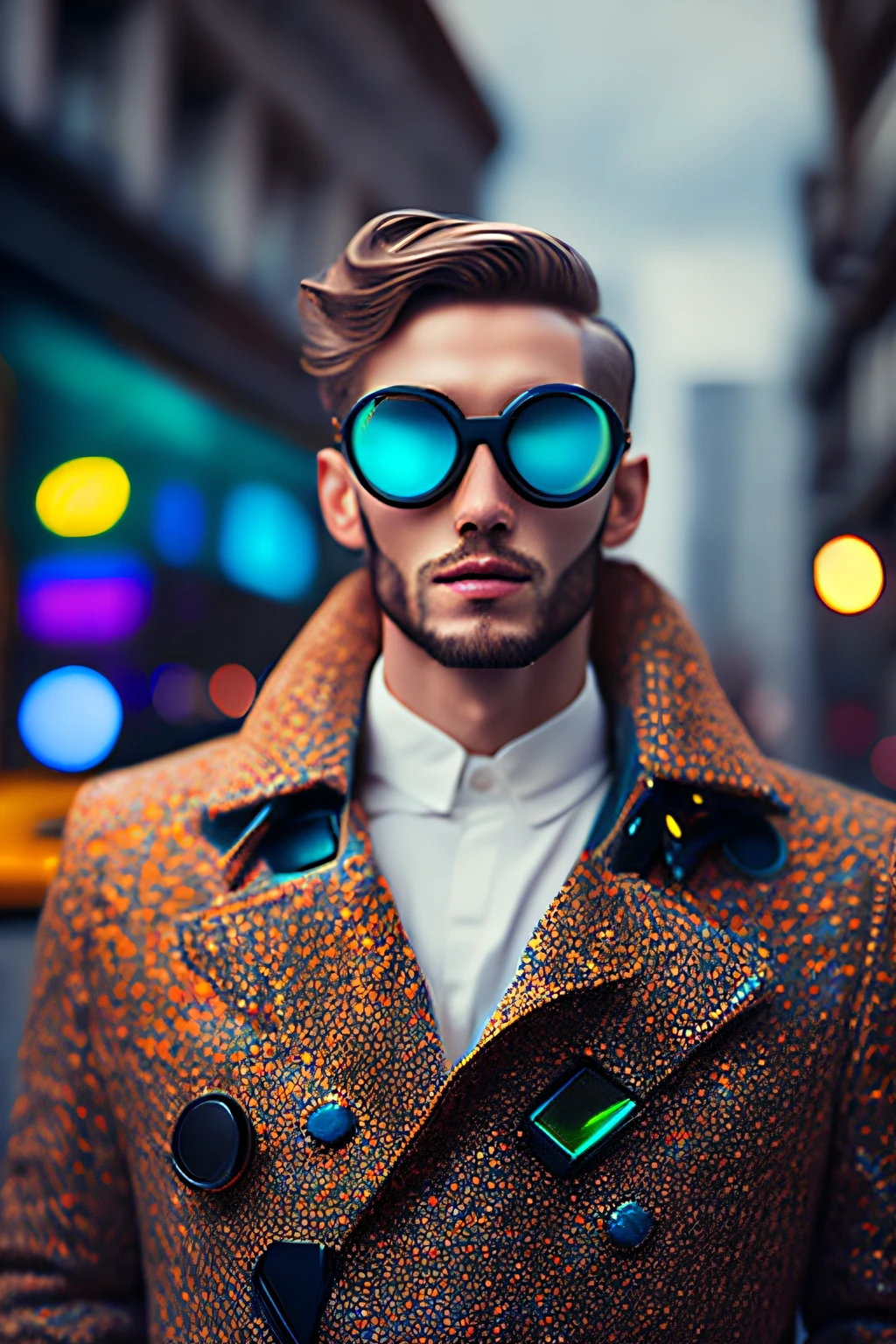(portrait fashionista man middle ages 1950s with intricate colorful trendy glossy polarized goggle), flufly clorful hair, smily expression, (Extremely Detailed digital photography:1.2), standing in middle of city, (((full body))), raw picture, analogue, Hasselblad, 50asa, f8, 12mm, glow effects, godrays, Hand drawn, render, 8k, octane render, cinema 4d, blender, dark, atmospheric 4k ultra detailed, cinematic sensual, Sharp focus, humorous illustration, big depth of field, Masterpiece, colors, 3d octane render, 4k, concept art, trending on artstation, hyperrealistic, Vivid colors, rim light, extremely detailed CG unity 8k wallpaper, trending on ArtStation, trending on CGSociety, Pop Art style by  Yayoi Kusama, Intricate, High Detail, dramatic
,pure energy, light particles, sci-fi