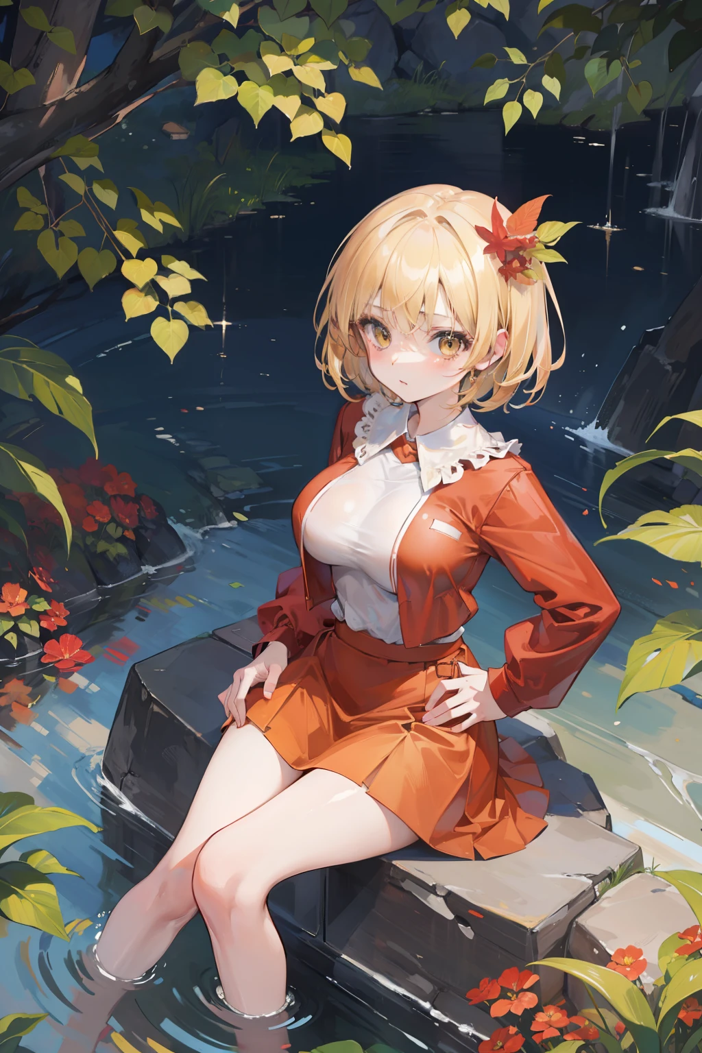 (masterpiece),best quality, expressive eyes, perfect face, 1girl,
big breast, H-cup, good breast, beautiful, gorgeous,anime,girl,lora, floating clothes,w sitting, w sitting on ground, legs on ground,aki shizuha,1girl,aki shizuha, blonde hair, short hair, yellow eyes, leaf hair ornament,red shirt,skirt,long sleeves,curtain chest ,hands on hips, hands on waist,opens clothes