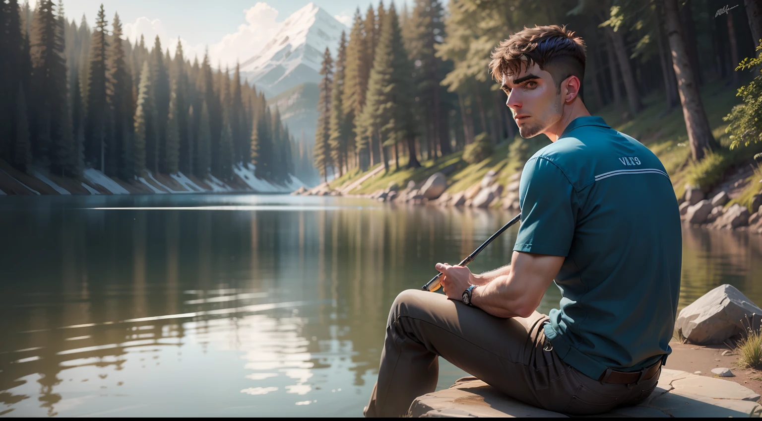 The man's name is Pulisic,He sits on a rock by the lake fishing,He holds a professional and long fishing rod,He fixed his gaze on the fishing rod,He has a wide-angle lens,Back lens,full bodyesbian,(Masterpiece,Best quality: 1.2),Alafeld man in casual clothes in hat, high quality portrait, Vista picture,Rendu portrait 8k, maxwell render, professional portrait hd, well-groomed model,Dramatic, photorealistic painting art by midjourney and greg rutkowski
