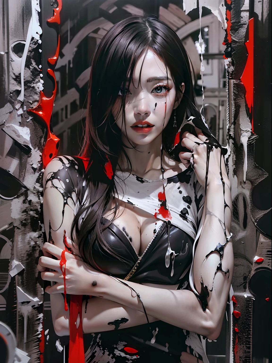 black andwhite，Absolutely beautiful woman，Bust，Broken mirror，Black and white splitting，Red tears，Black and white painting，Broken，sublevel，Black and white，Eroded by darkness and light，对称