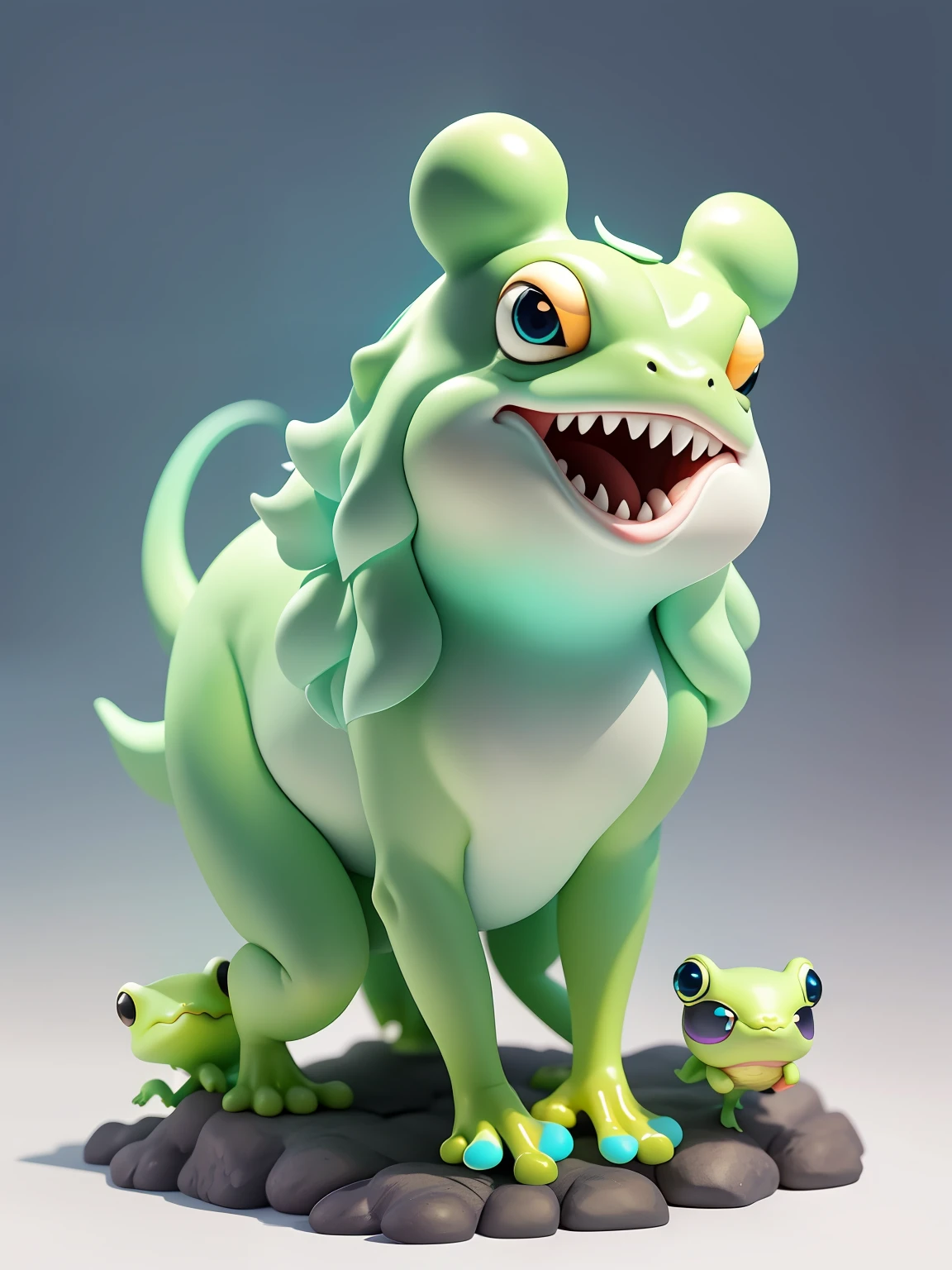 The head of this divine beast is like a frog,But the body is the image of a unicorn。It is stocky and stocky,Looks very cute。The entire shape of the mythical beast is full of childlike fun and humor。Its skin is smooth and elastic,The color is bright green,Looks very energetic。The eyes of this divine beast are huge,Shimmering brightly,It reveals a clever and clever atmosphere。When it opens its mouth,A row of neat teeth is exposed,It is reminiscent of cute dinosaurs。in short,This is a very endearing image of a mythical beast,It fits perfectly both in illustration and animation。