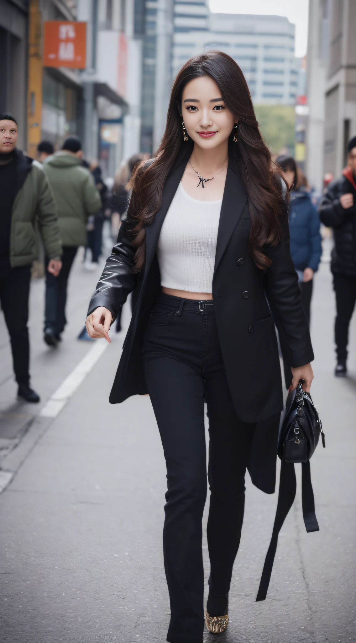 ((Best picture quality, 8K, tmasterpiece:1.3)), 1girll, Beautiful woman with slender abs:1.3, (Long flowing hair, Fuzzy areola a little), Small red translucent jacket:1.1, Ultra-fine face, A detailed eye, 二重まぶた,ssmile,the street,Long legs black,Tattoo on the chest
