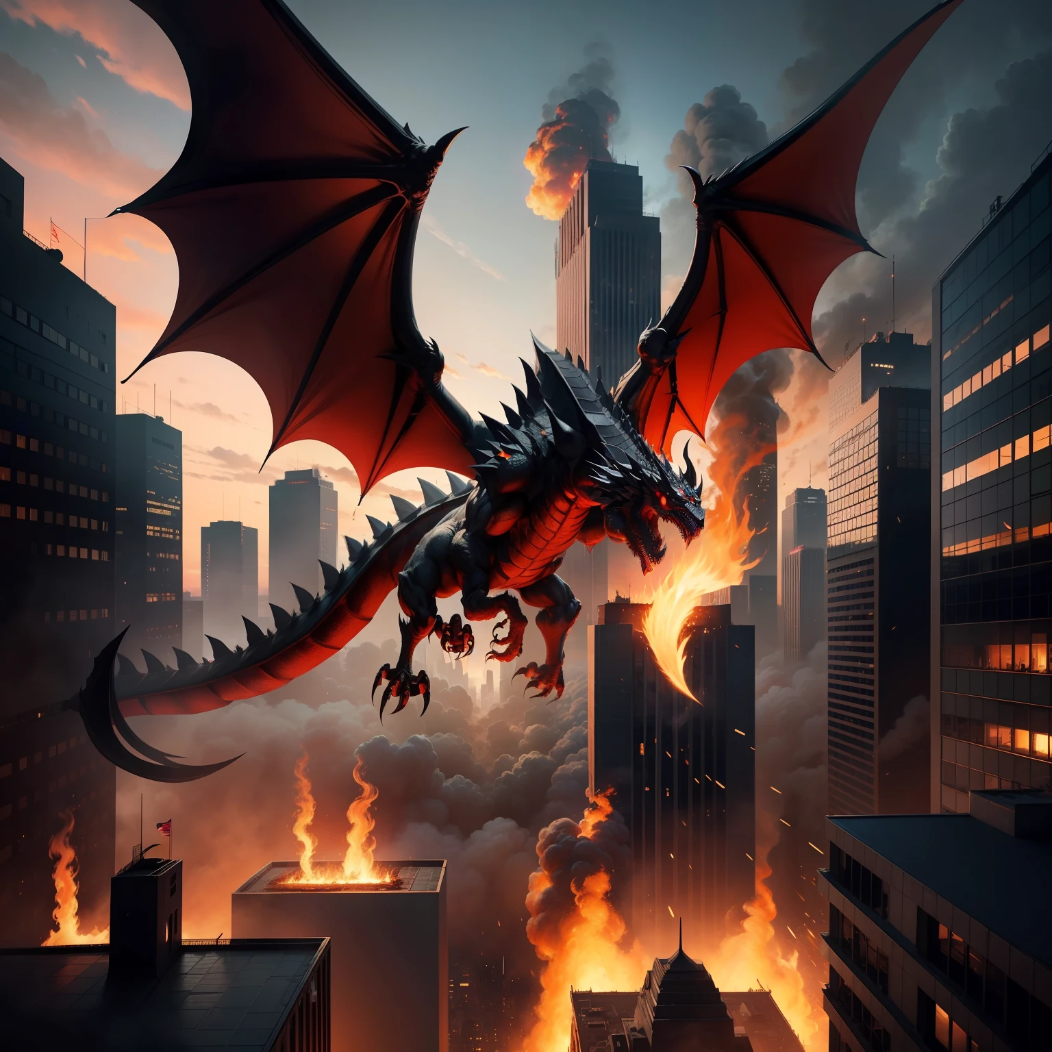 The giant black dragon spreads its wings and flies, spitting flames in the air, burning the city's tall buildings