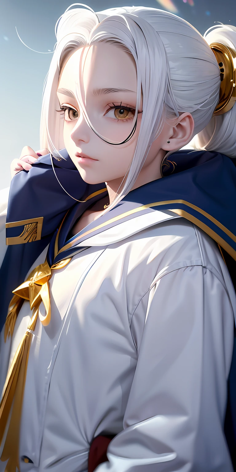 Need,tmasterpiece,whaite hair,A pinch of hair is upturned in front of his forehead,Golden eyes,Manteau blanc,a sailor suit,Look up,The upper part of the body,Hairline,Fair skin