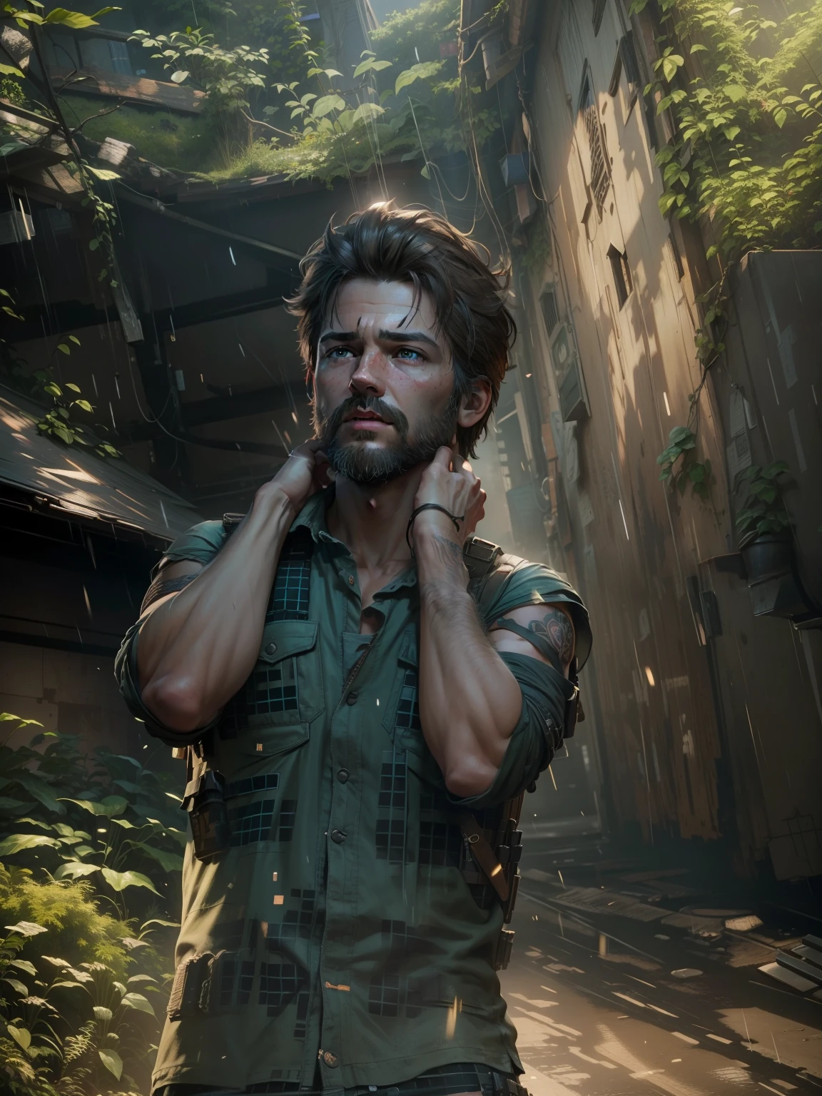action shot of beautiful man,playing Joel Miller,The Last of Us,24mm,4k textures,soft cinematic cyberpunk realistic smart boy hd high details picture V4 ultra