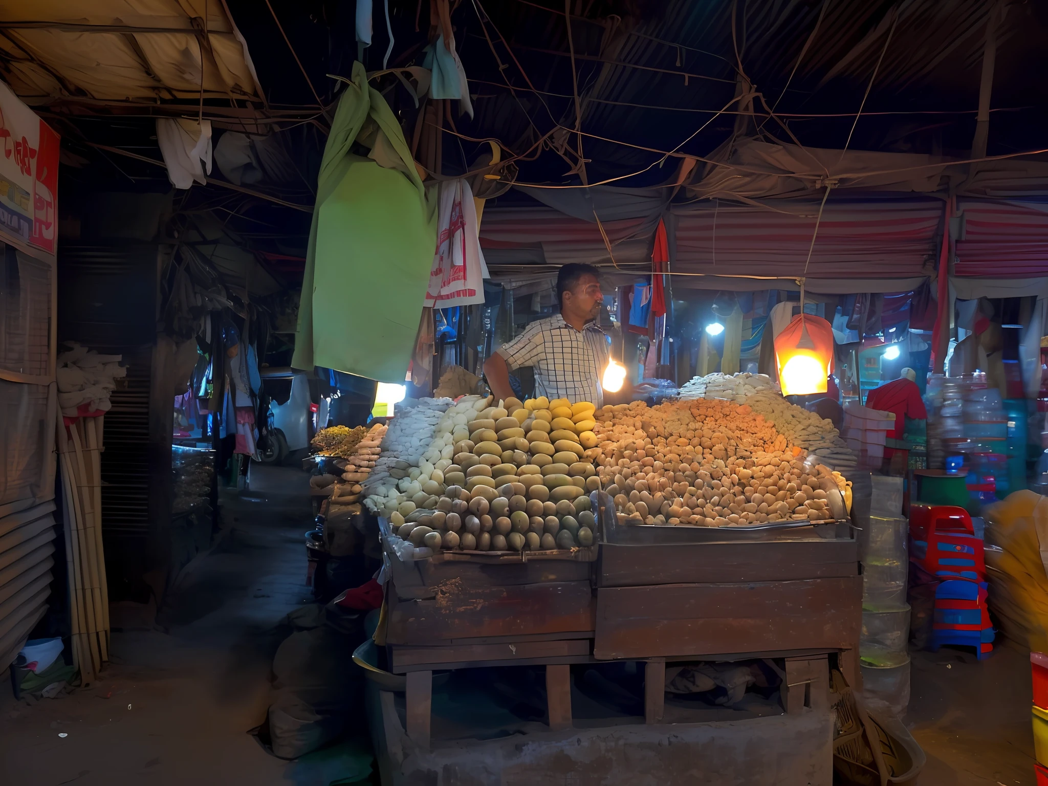 there is a man standing in front of a cart of bananas, market, colored market stand, food stall, a wide full shot, market setting, in the evening, by Ingrida Kadaka, street vendors, evening time, street market, wet market street, busy market, excellent lighting, edited, dhaka bangladesh, 4k, hard morning light, evening at dusk