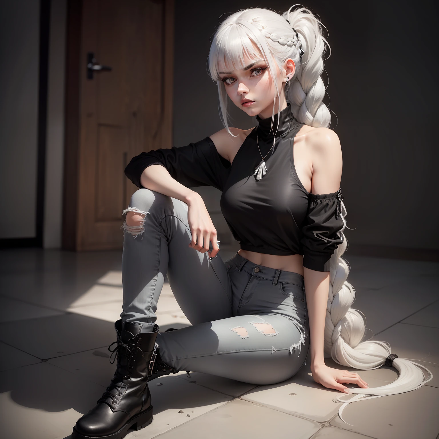 Tall girl, white colored hair, braiding your hair into a ponytail, Long bangs on one side, Silver eyes, Black Top, dark gray jeans, black boots, silver jewelry, Serious face