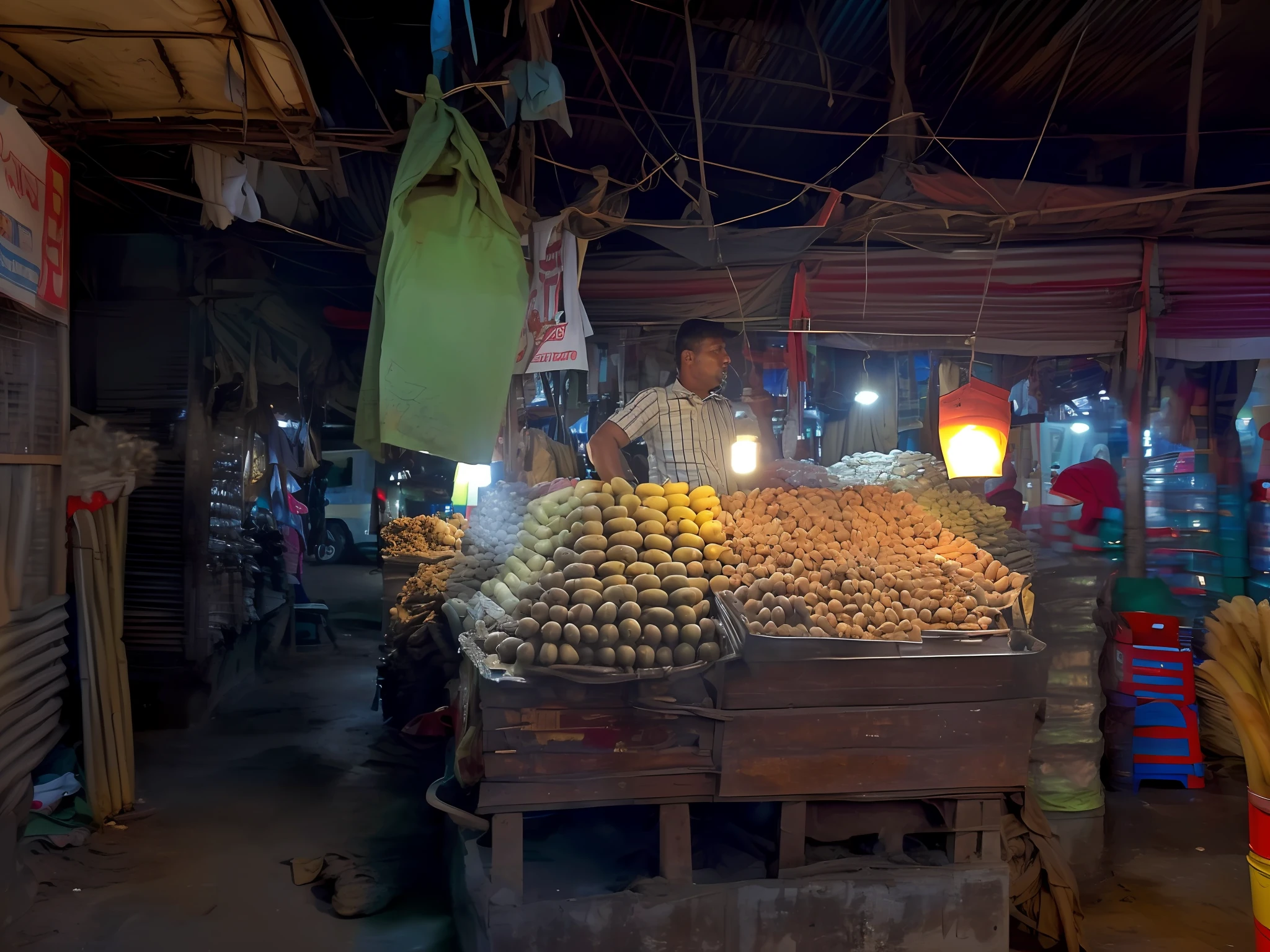 there is a man standing in front of a cart of bananas, market, colored market stand, food stall, a wide full shot, market setting, in the evening, by Ingrida Kadaka, street vendors, evening time, street market, wet market street, busy market, excellent lighting, edited, dhaka bangladesh, 4k, hard morning light, evening at dusk