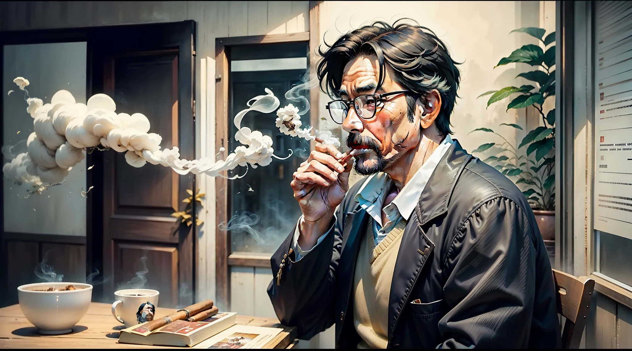 A middle-aged man in his 40s, smoking cigars, chinoises, manga, Hayao Miyazaki