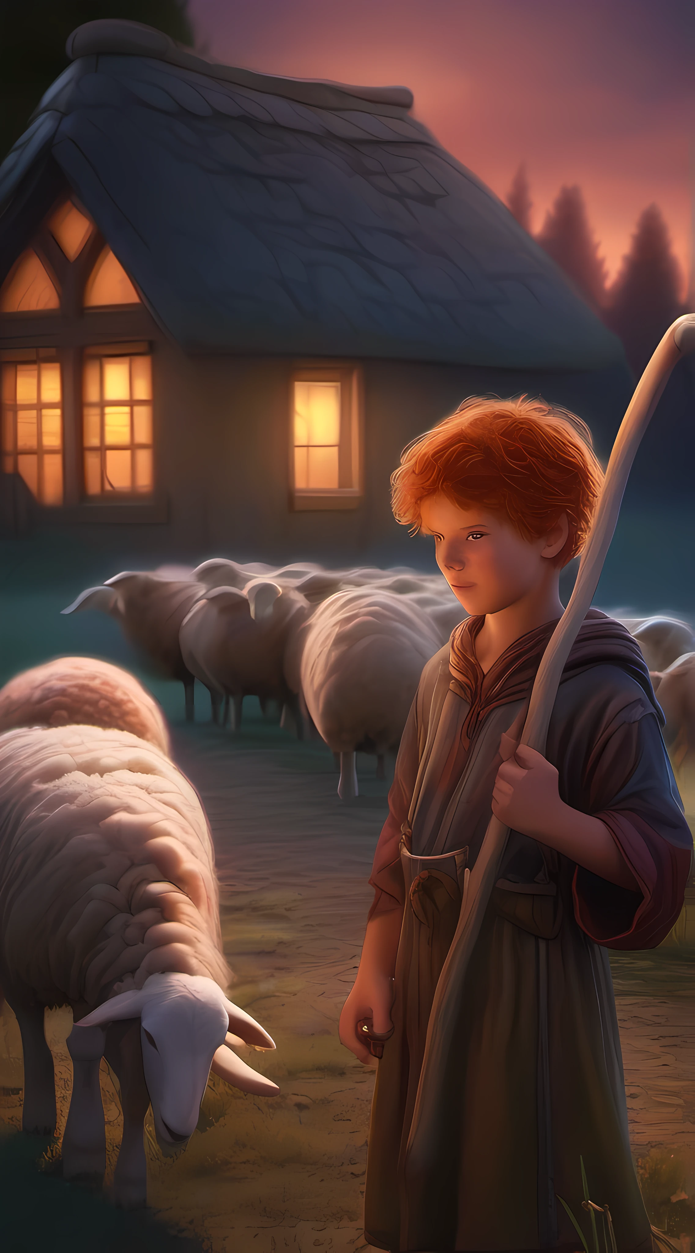 a young shepherd, red-haired shepherd, with a staff in his hands, taking care of sheep, rural background scenery, night lighting, children's digital drawing, super realistic