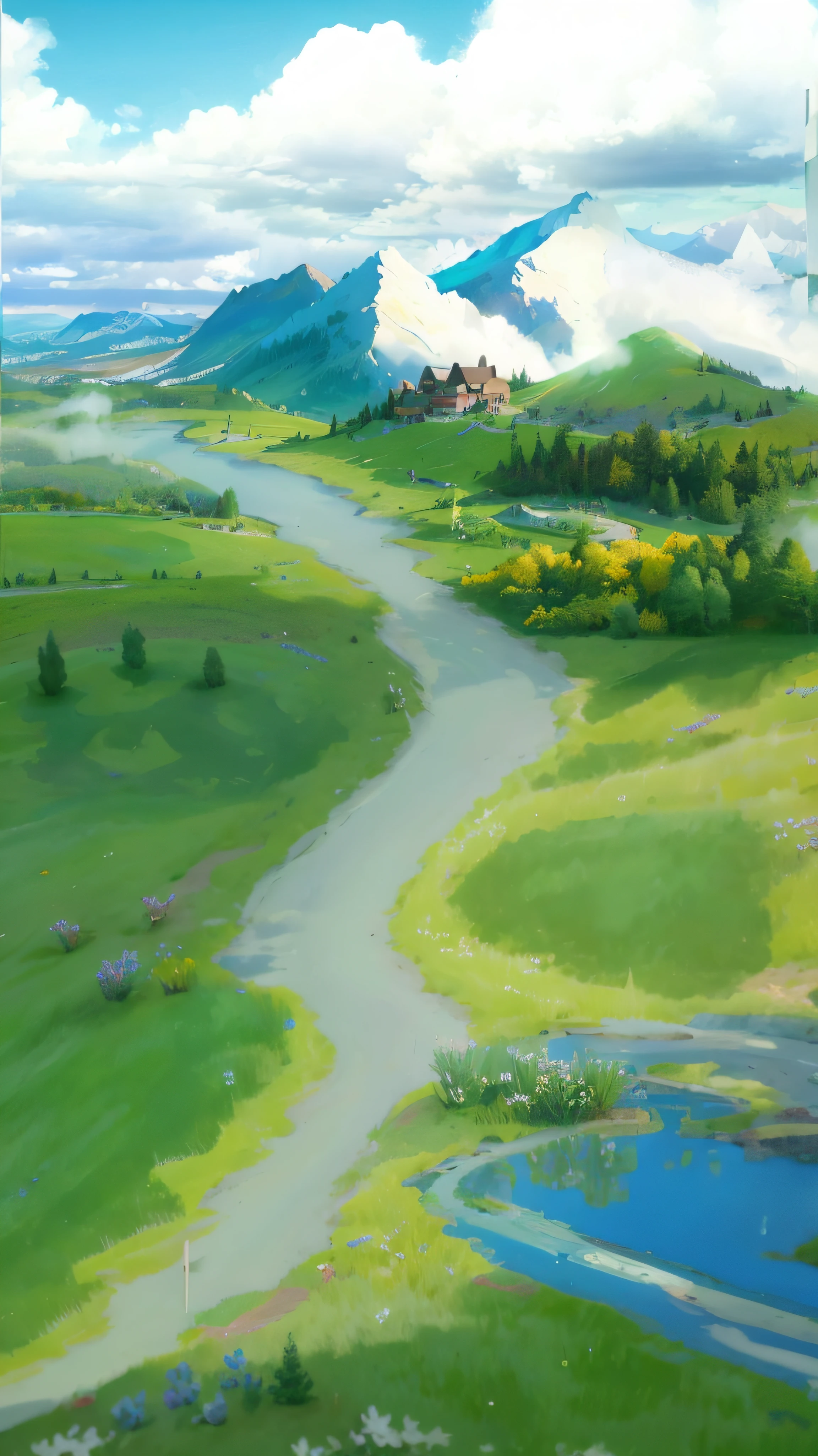Incredible detail and realistic CG unity 8K wallpaper, enchanting landscape,In front is a meadow,country road,The front is surrounded by dense vegetation and majestic trees,grassy fields,pond,Flowers,Small house in the distance,the woods,Snowy mountains in the distance,Natural light,A blue sky,Fluffy clouds,Flat vision,Near big far small ,Bokeh,depth of fields,Mountain clouds in the distance,hdr,blooms,Chromatic aberrations and intricate details,