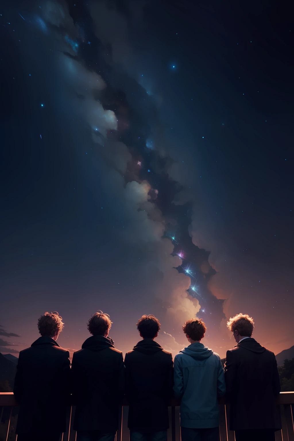 everyone admiring the stars in the wonderfully starry sky with fascinating colored lights