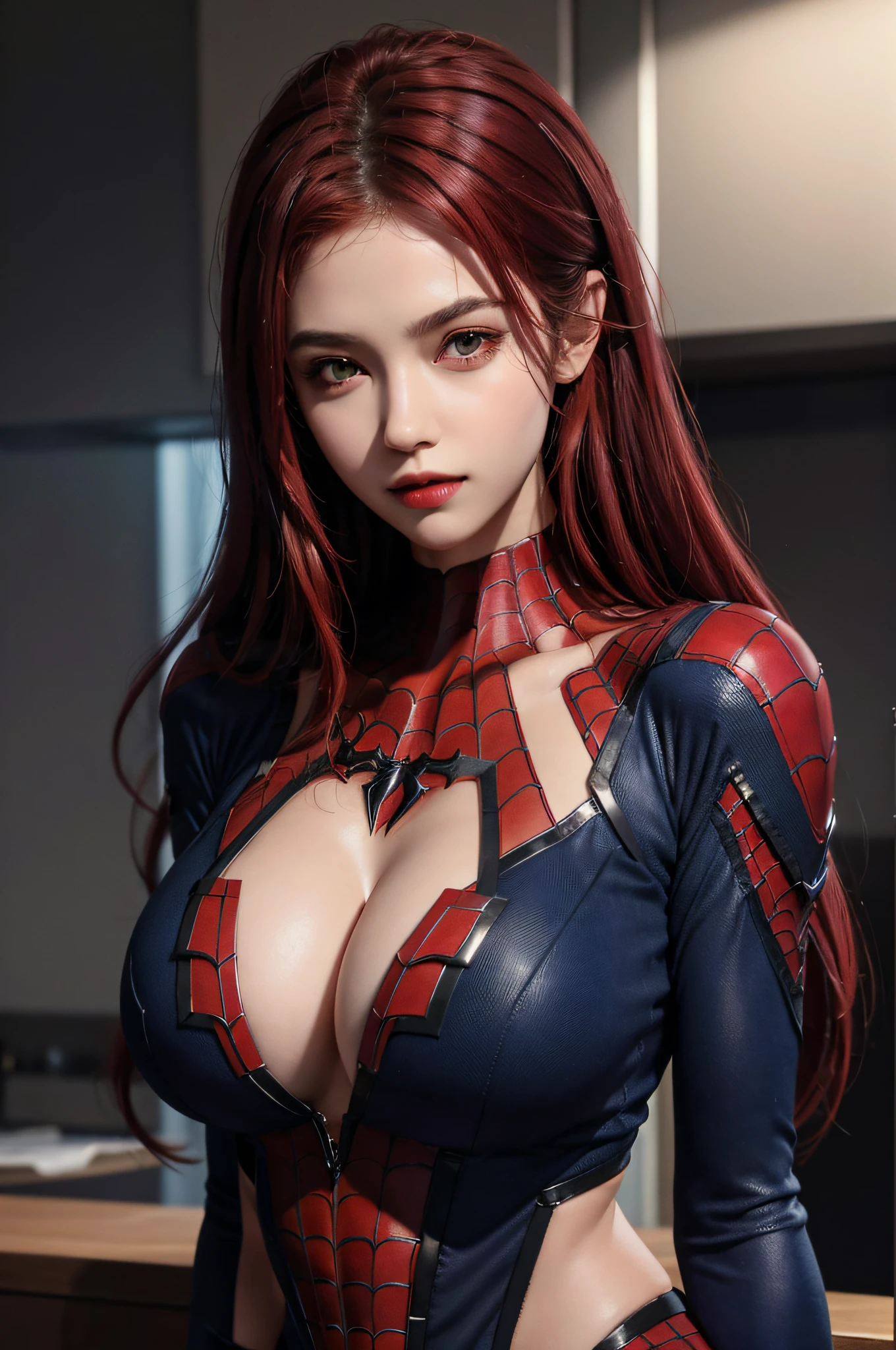 best qualtiy，GameCG，1girll，Bigchest，tmasterpiece，best qualtiy，8K，detailed skin textures，Detailed cloth texture，beautifull detailed face，Complicated details，the ultra-detailed，spiderman uniform，Straight red hair，