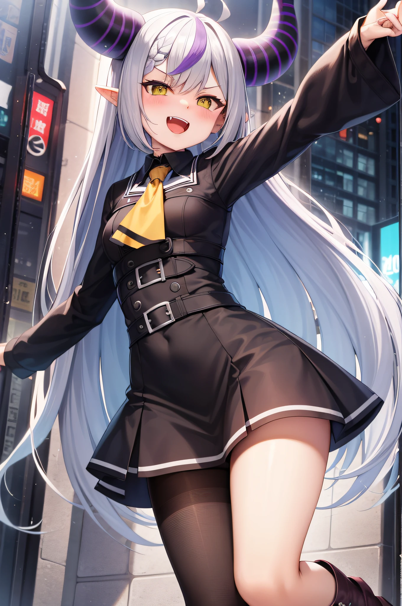 masutepiece, top-quality, High resolution,2D,animesque,sleeves past wrists, sleeves past fingers, braid, Long sleeves, single leg pantyhose, yellow ascot, ascot, Black footwear, Dress, Metal collar, long boots, Black Dress, Collar, pantyhose, single thighhigh,Cyberpunk City,Evil smile,Outstretched arms,Opening Mouth