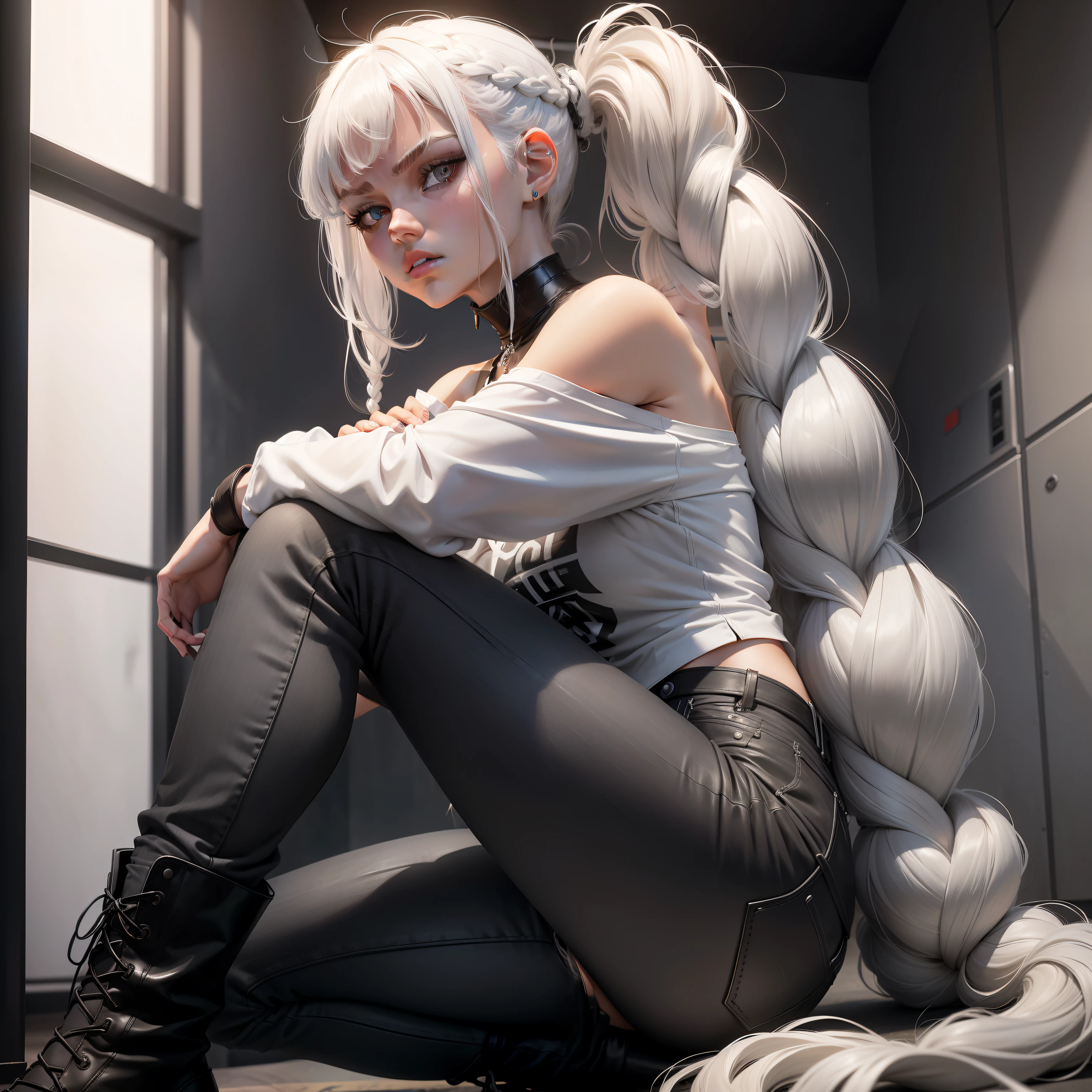 Tall girl, white colored hair, braiding your hair into a ponytail, Long bangs on one side, Silver eyes, Black Top, dark gray jeans, black boots, silver jewelry, Serious face