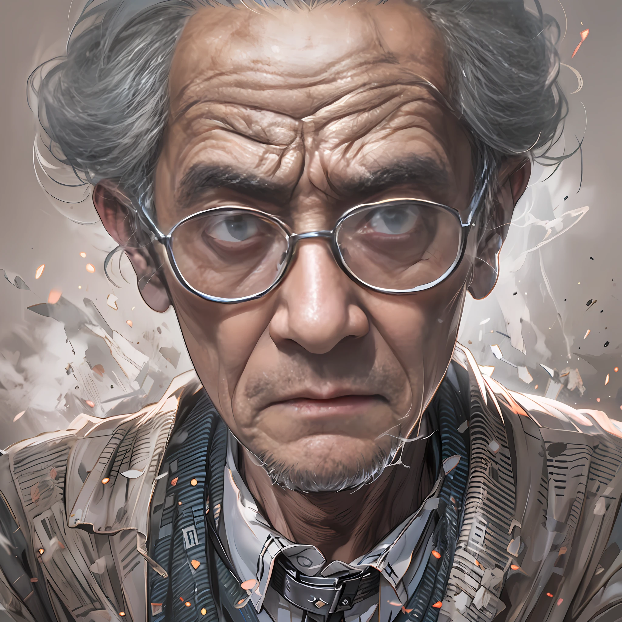 Old professor with eyes,Wear a shirt,Stare in front of the camera,Very angry ,in the style of the stars art group xing xing, 32K, Best quality, Masterpiece, Super detail, High details,