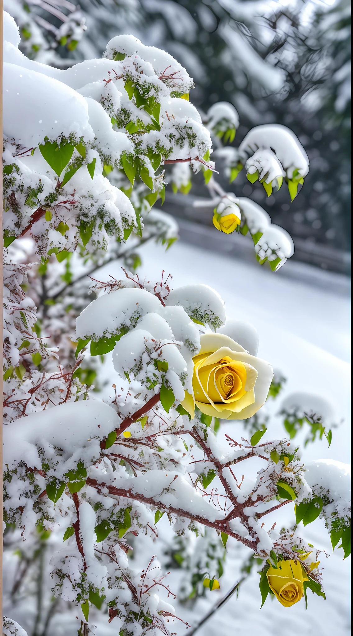 Yellow rose in the snow, Covered with snow, The flowers and leaves are covered with dust and snow，There are frozen flowers around, pale as the first snow of winter, Winter in the snow, Gentle snow, Still life with snow, Yellow rose, Cold but beautiful, Natural snowmelt in spring and winter, snow snow, during snowfall, Beautiful composition, in snow, In winter, cold snowy, In the snow