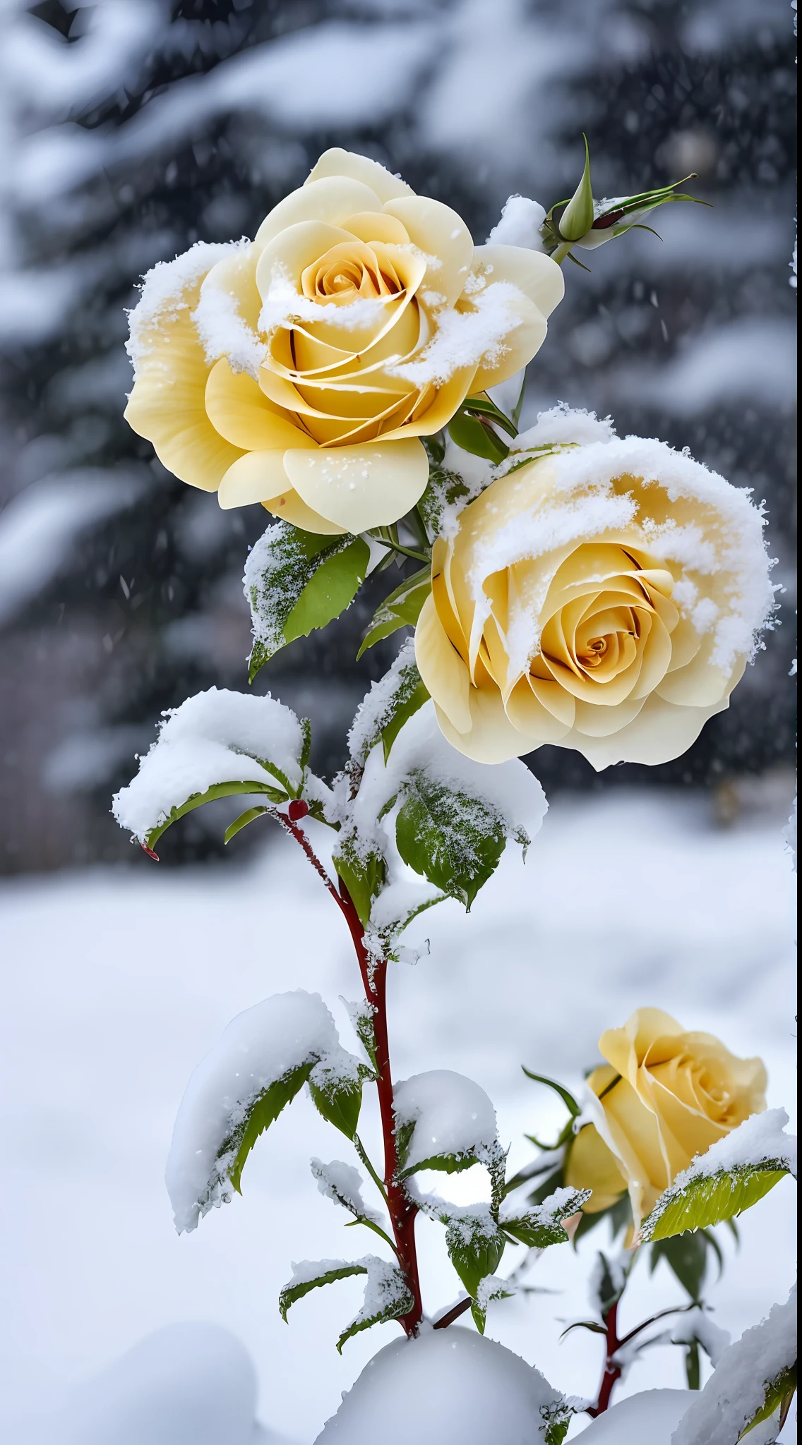 Yellow rose in the snow, Covered with snow, The flowers and leaves are covered with dust and snow,There are frozen flowers around, pale as the first snow of winter, Winter in the snow, Gentle snow, Still life with snow, Yellow rose, Cold but beautiful, Natural snowmelt in spring and winter, snow snow, during snowfall, Beautiful composition, in snow, In winter, cold snowy, In the snow