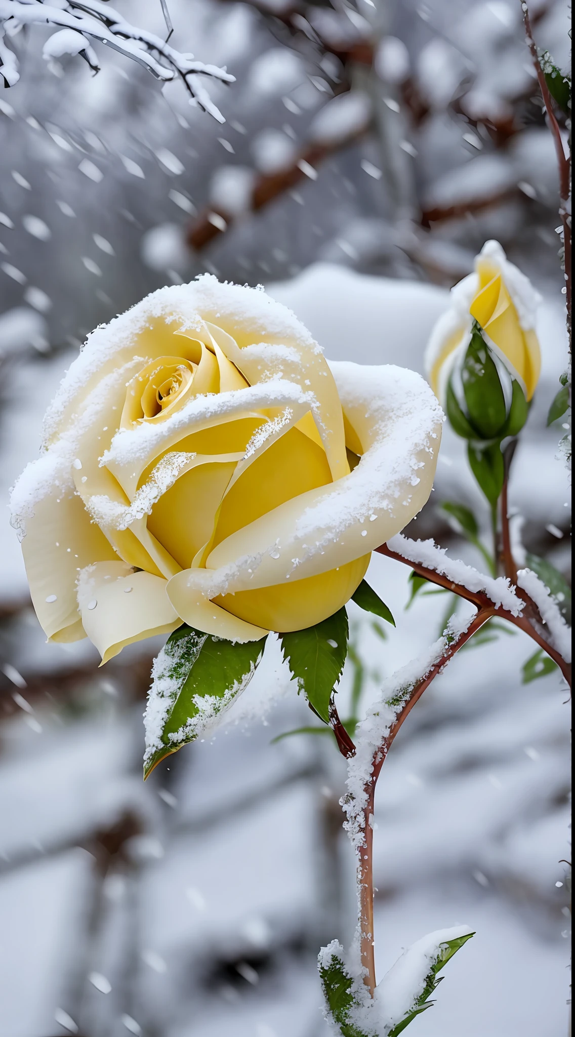 Yellow rose in the snow, Covered with snow, The flowers and leaves are covered with dust and snow，There are frozen flowers around, pale as the first snow of winter, Winter in the snow, Gentle snow, Still life with snow, Yellow rose, Cold but beautiful, Natural snowmelt in spring and winter, snow snow, during snowfall, Beautiful composition, in snow, In winter, cold snowy, In the snow