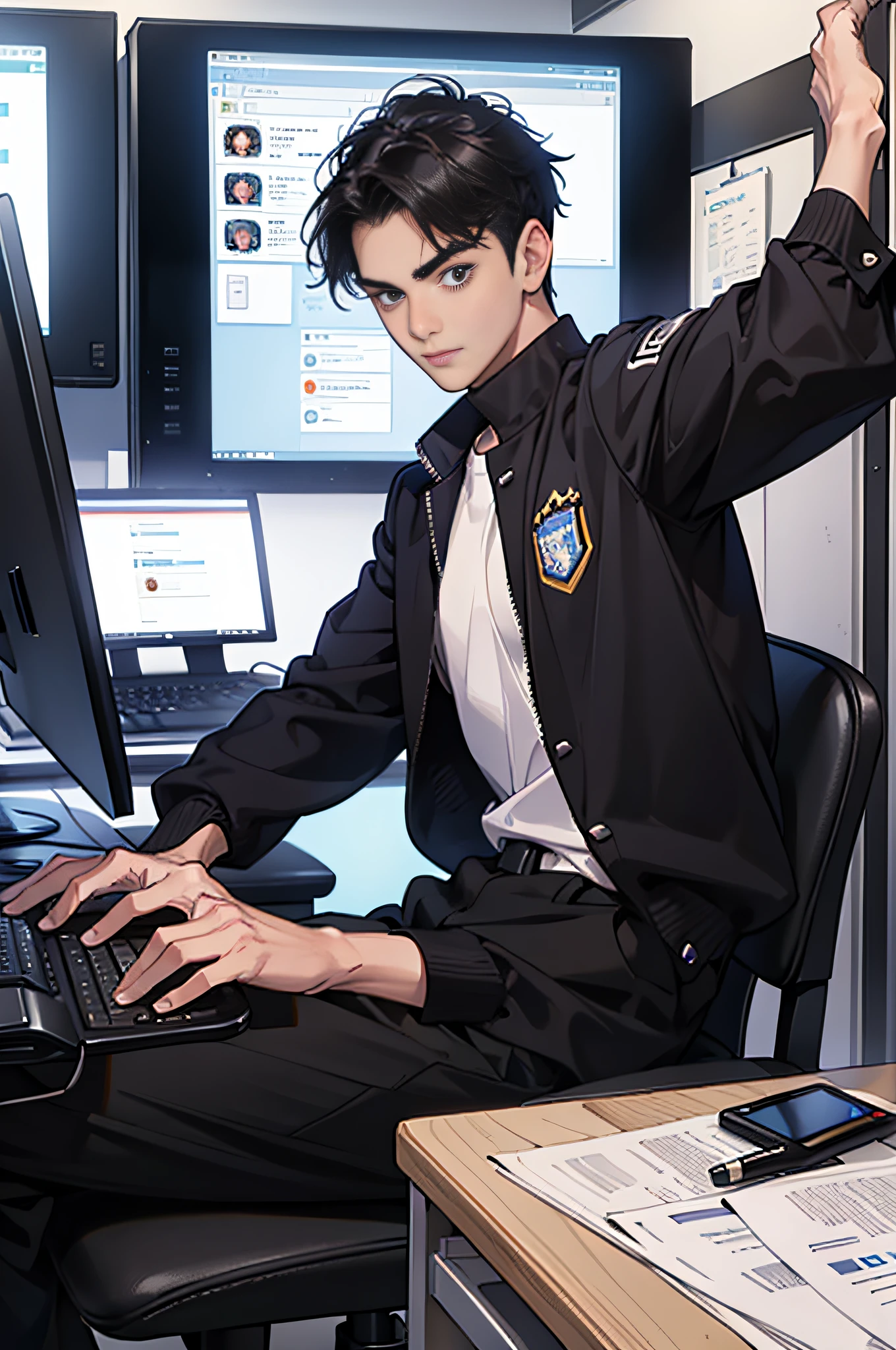 ，Single: A young man with short black hair in a school uniform is typing in an internet café