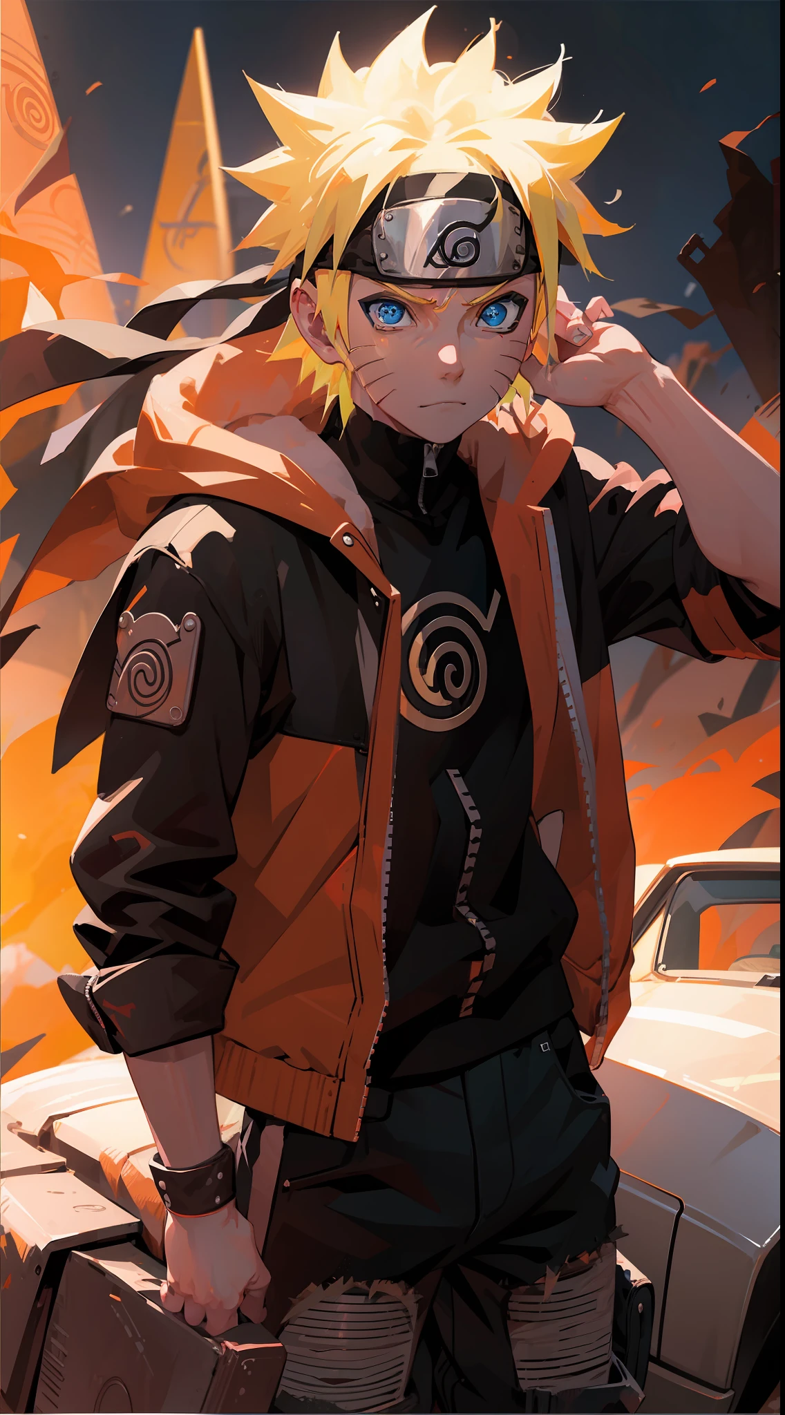portrait, neon, 1 boy, shonen style, spiky blonde hair, scratches on cheeks, black and red clothing, leather jacket, jeans, boots, bandana, cool, blue eyes, full body, color --name Naruto Uzumaki --desert background with pyramids and camels