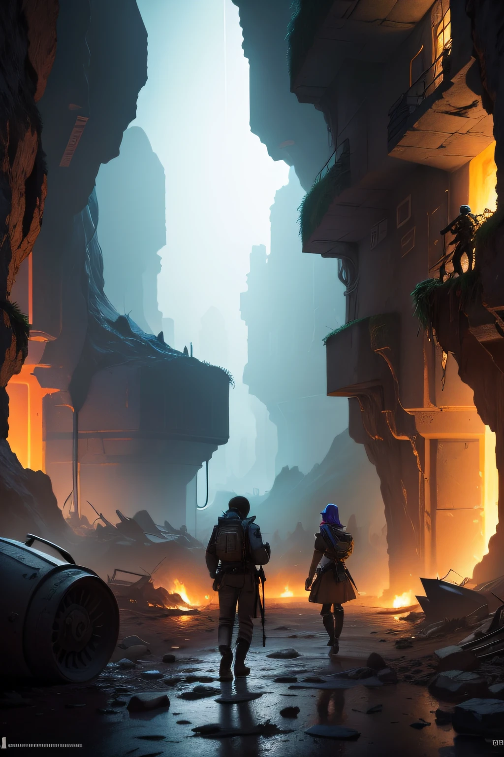 In a huge flat cave with several ruined buildings, soldiers hunt beggars and poor people.( Illuminations ) 8 mil'', teto de caverna cyberpunk, dystopian digital art, Armagedom 8K, apocalyptic 8 k, wall in the background