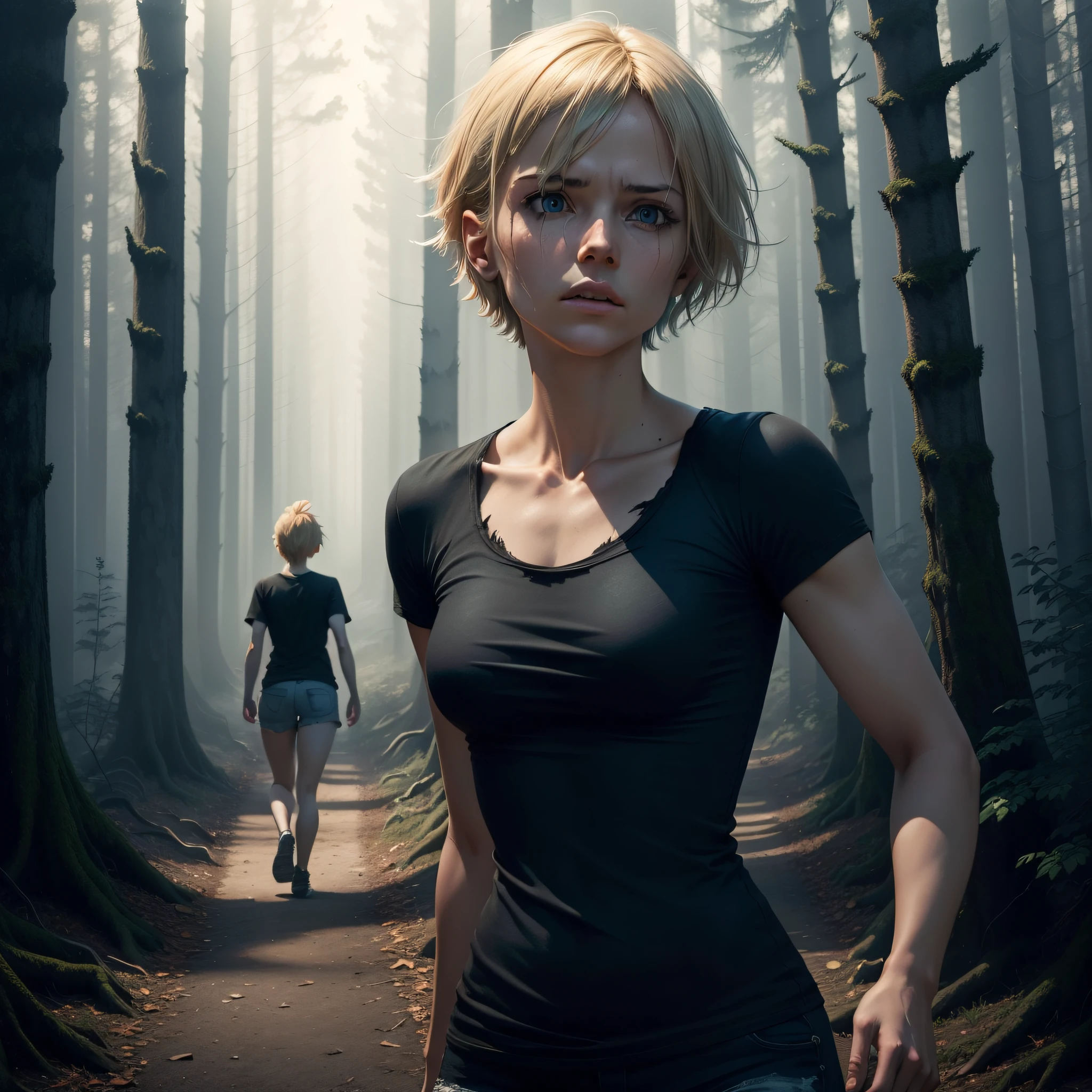a woman in a dark torn T-shirt runs away into the distance, in full growth, short blonde hair, hyperrealism, Silent Hill style, a dark scary forest is on the back plane, a dark figure is standing behind