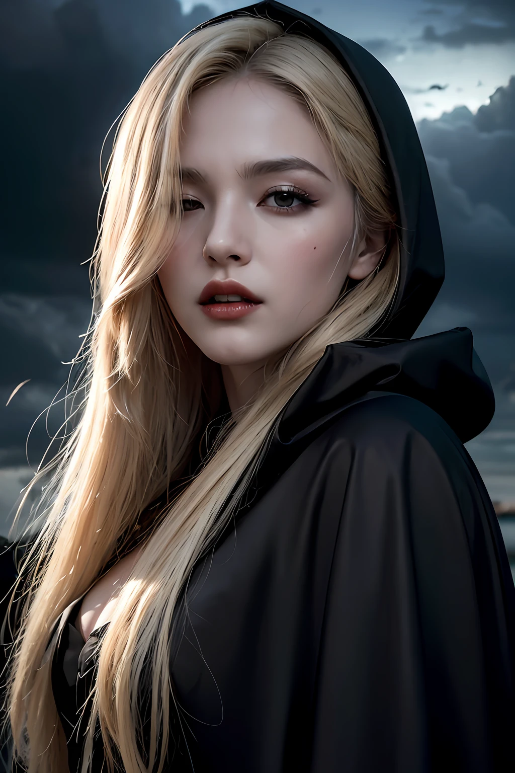 Best quality, masterpiece, ultra high res, (photorealistic:1.4), raw photo, ((Dark Night)), 1vampire girl, long blonde hair, detailed eyes and face, (wearing black vampire cloak), in the dark night, deep shadow, low key, cowboy shot full-lenght body, ((close eyes)), ((background,clouds with thunder, flying a lot of bats))