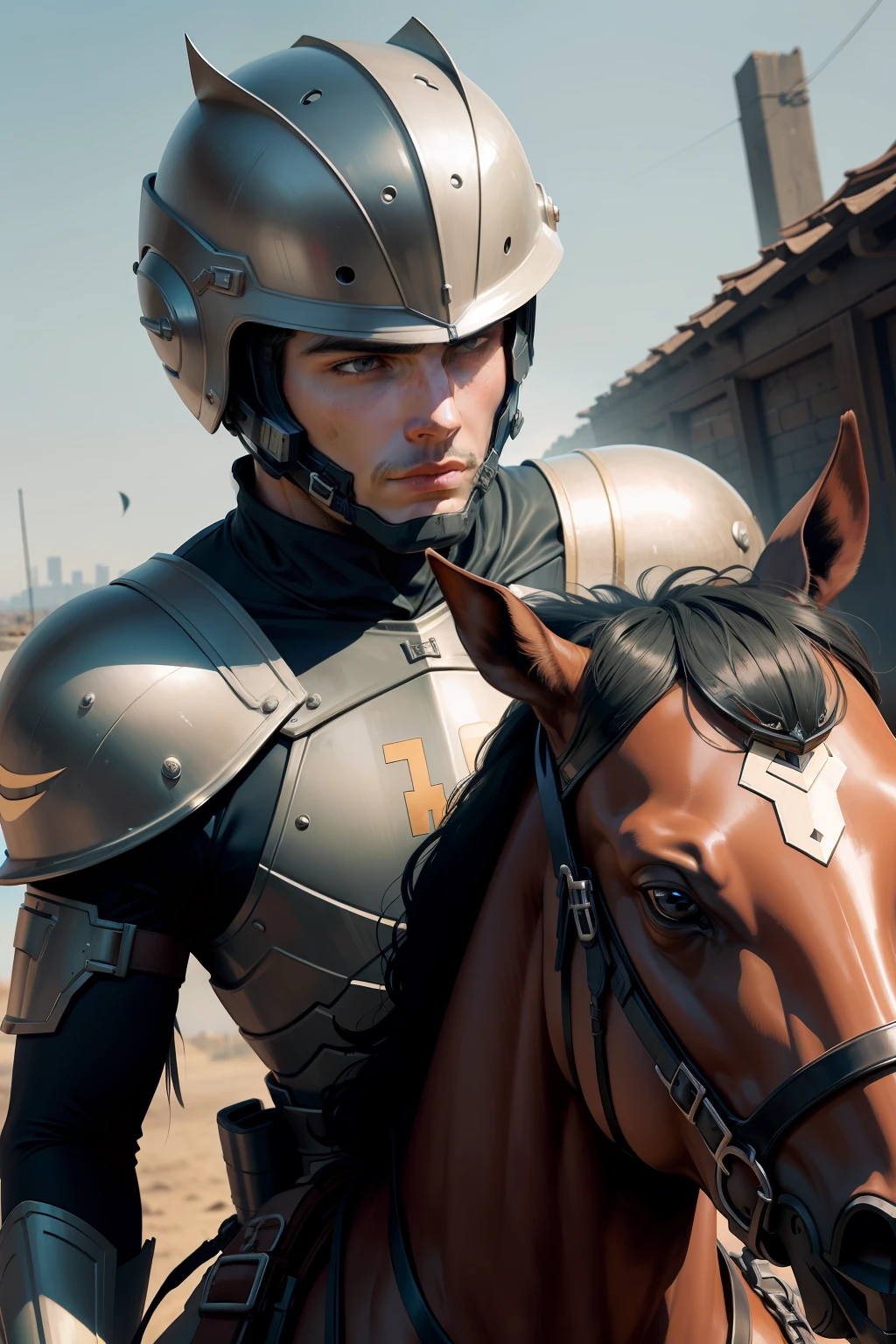 Cavaleiro, rosto aparecendo, with helmet in his hands