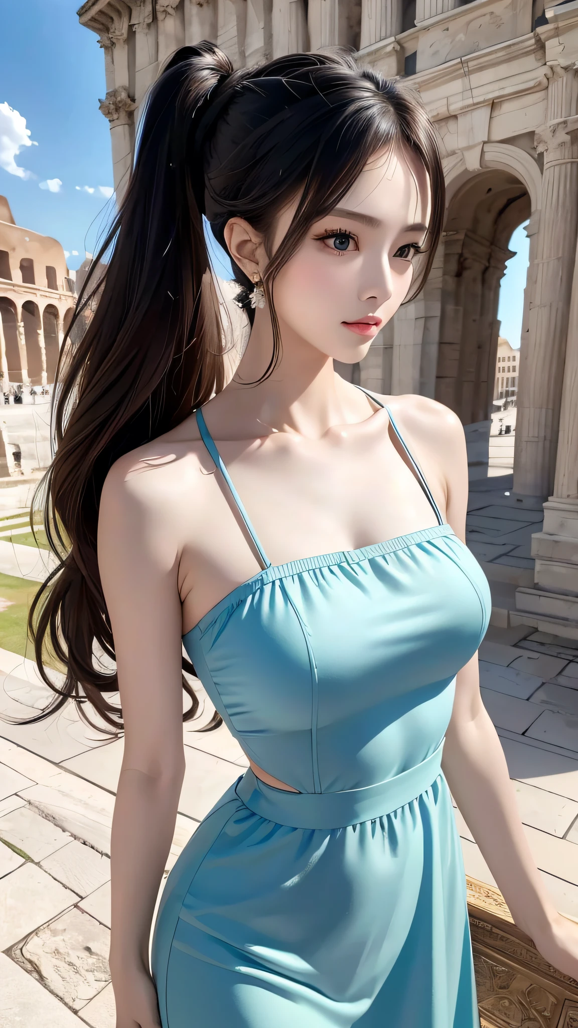 (8K, Best Quality, Masterpiece: 1, 2), (Realistic, Photo Realistic: 1,37), Top Quality, Masterpiece, Skinny 1girl Negona upper body photo wavy ponytail hair, sexy dress, Chest cloth relax, bandeau dress, in the Colosseum, Wide angle close-up