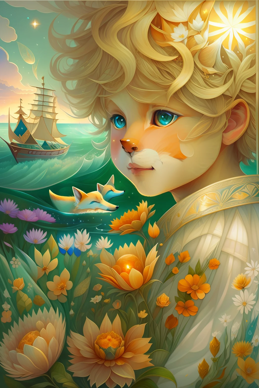 image(( little boy ))With a fox and a star,(( The Little Prince)), Portrait of a magical blond prince, Fairytale painting, A bright light masterpiece, The Flower Prince ,Cosmic sunset at sea,(Boat at sea)),breathtaking art, illustartion!, Coronation of the Flower Prince, by Anna Haifisch, by Julia Pishtar, fantastic art, A fairytale work of art, inspiring art, fantasy fox love, Fantastic works of art
