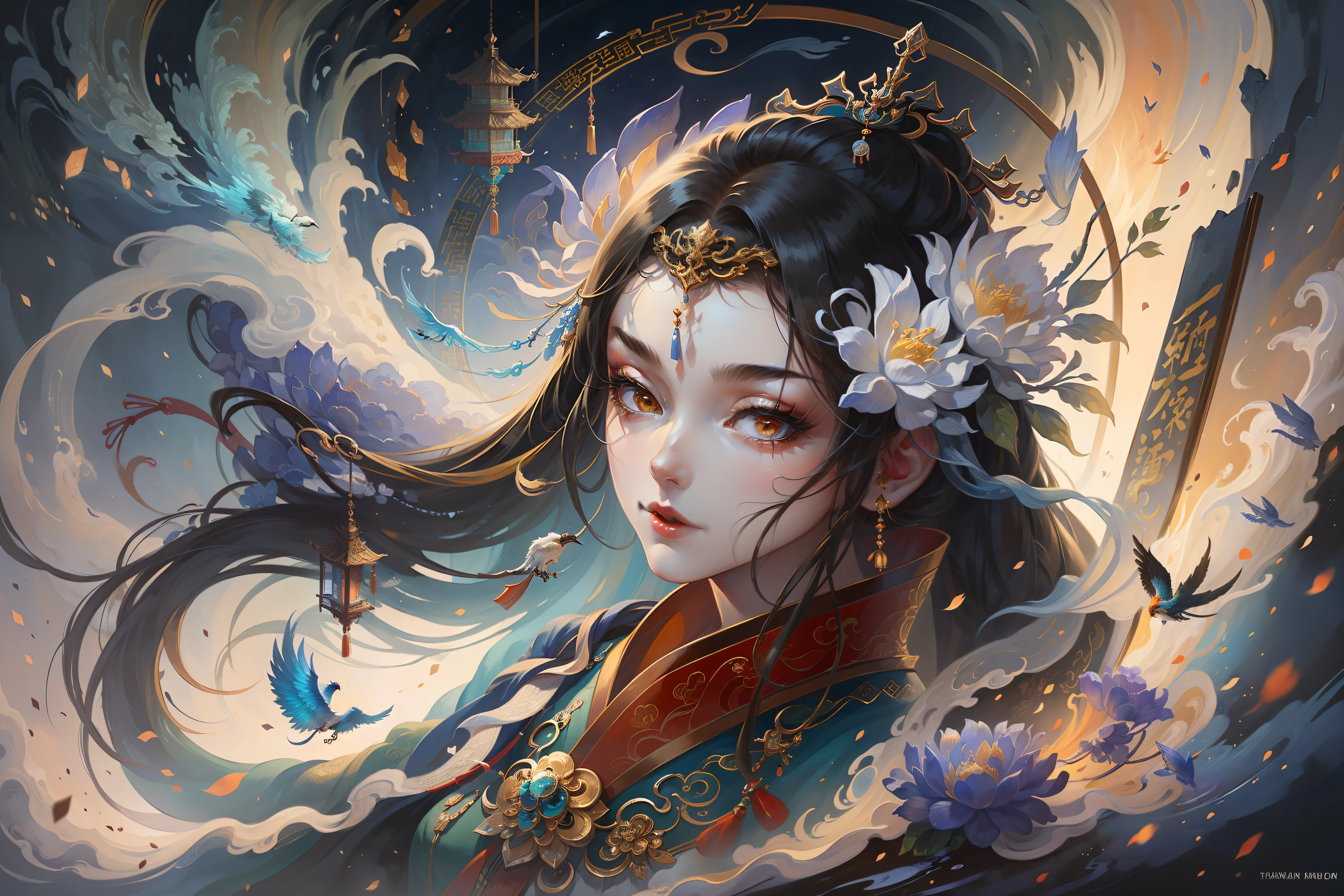 (Best quality, masterpiece:1.2), (High detail, intricate detail, crazy detail:1.2)，8k,gufeng,Mural painting,1 girl, black hair, ancient Chinese costume, hanfu, dress, shawl, jewelry, long sleeves, belt, tassel, ribbon, flower, bird, auspicious cloud, flying, A marvelous landscape of the ascension of the goddess, Halo divergence background,Watercolor, Chinese mythology, Dynamic angle, long exposure,Perfect Light and Shadow, Chinese color mural