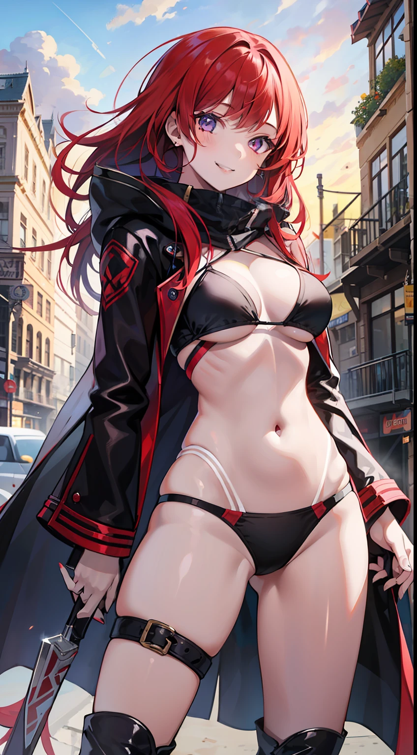 young girl, suntanned skin, Long red hair, violet eyes, open torso, Assassin's Clothes, Smile, Masterpiece, hiquality