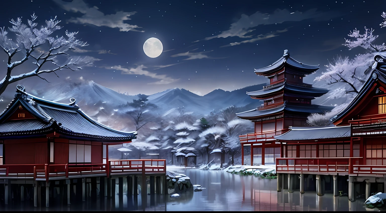 A photo taken from a computer screen in a Japanese village, Beautiful rendering of the Tang Dynasty, traditional japanese concept art, akihiko yoshida. illusory engine, beautiful anime scenes, japanese town, inspired by Kanō Hōgai, Beautiful digital artwork, 8K high quality detailed art, Beautiful wallpaper, Moonlight snow, Anime background art, digital painting of a pagoda