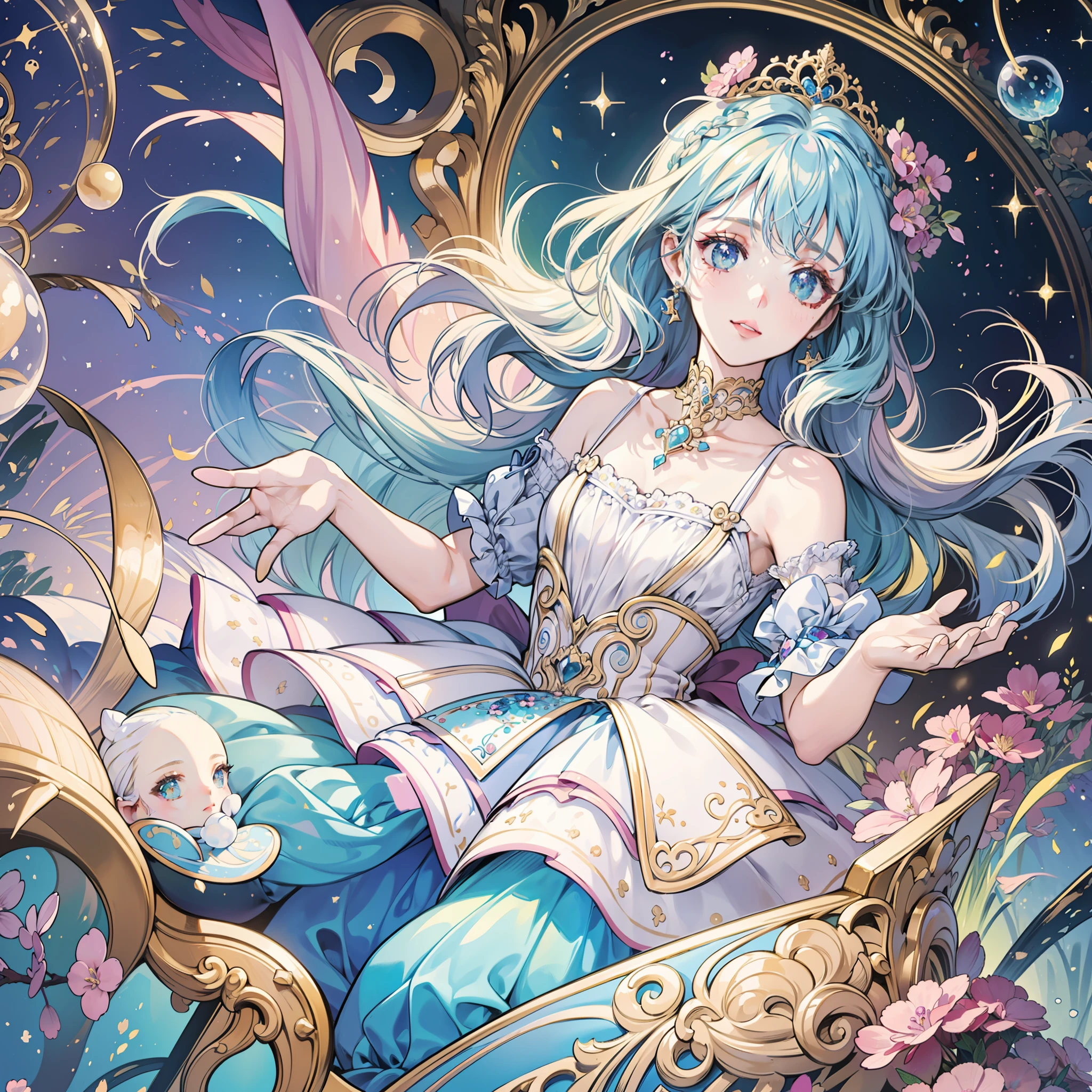 masterpiece, best quality, 8k resolution, sharp focus, intricate detail, beautiful girl, sparkling eyes, golden ratio face, otherworldly liquid, watercolor, ((pastel colors)), bright colors, whimsical, colorful, sharp focus, high resolution, fine detail, princess fantasy ballgown, ((round eyes)), iridescent bubbles, castle landscape in background