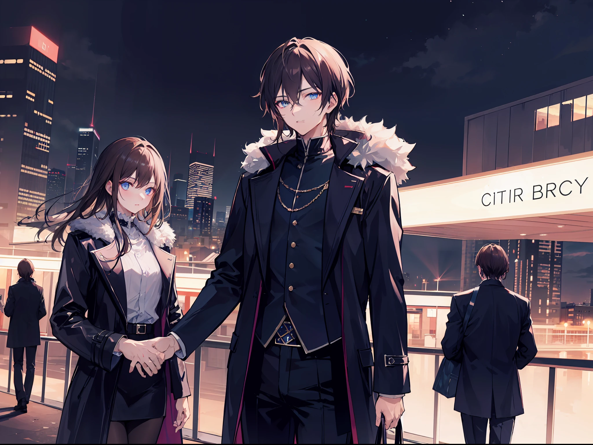 "4k night neo city, dark atmosphere, there's a man, with brown hair, glow blue eyes, wears black Adventurer coat"