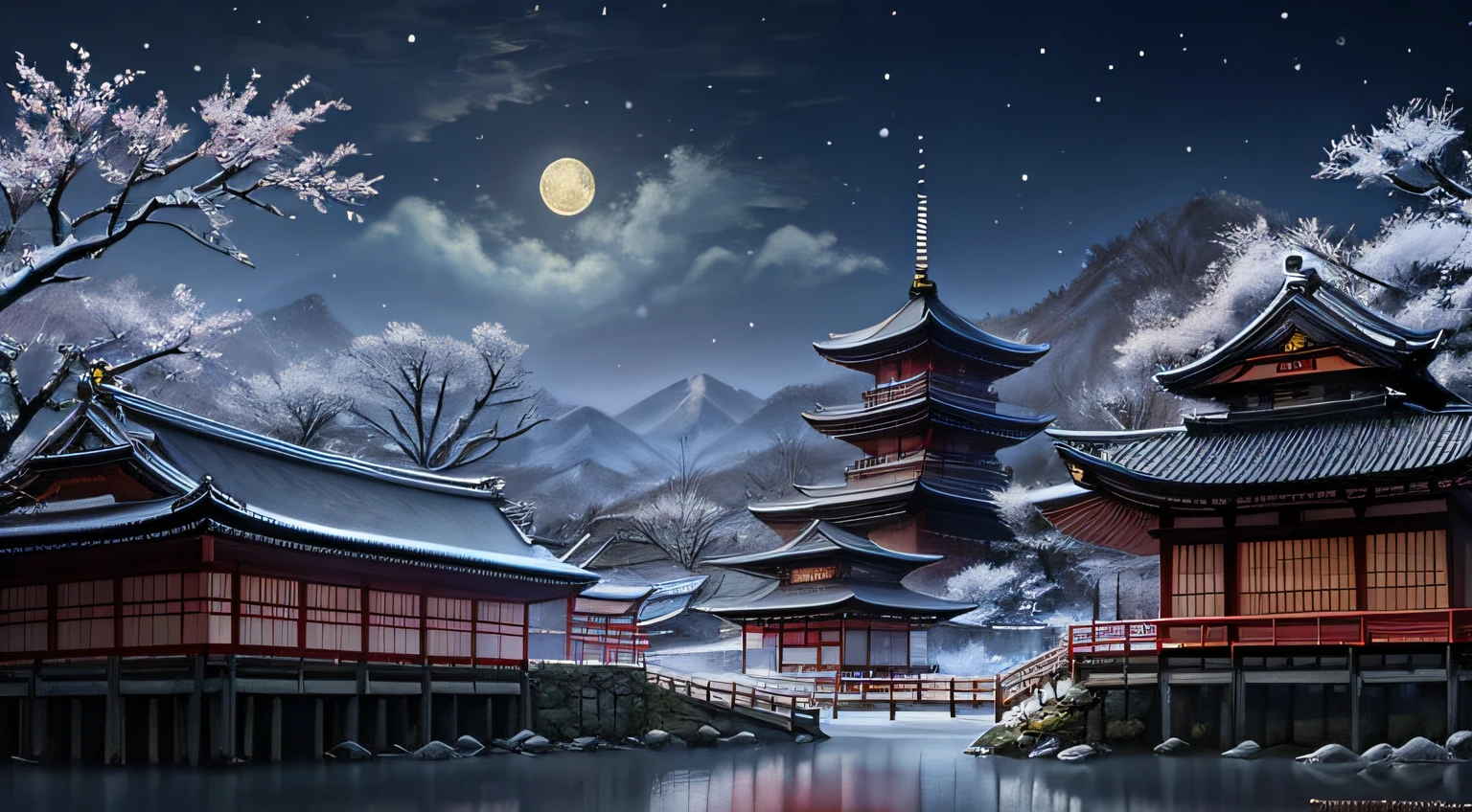 A photo taken from a computer screen in a Japanese village, Beautiful rendering of the Tang Dynasty, traditional japanese concept art, akihiko yoshida. illusory engine, beautiful anime scenes, japanese town, inspired by Kanō Hōgai, Beautiful digital artwork, 8K high quality detailed art, Beautiful wallpaper, Moonlight snow, Anime background art, digital painting of a pagoda