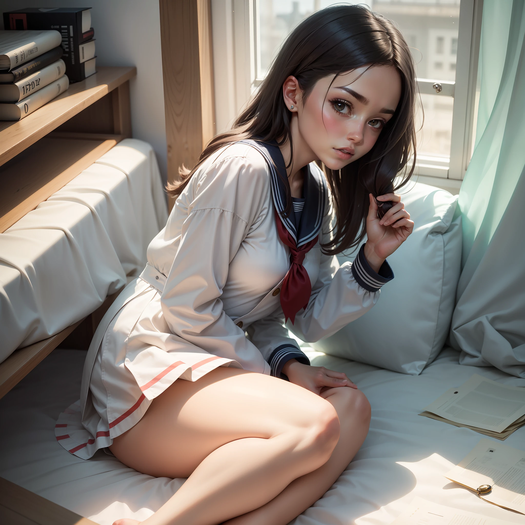 Female pervert,duck sitting,a sailor suit,onbed,quadratic element