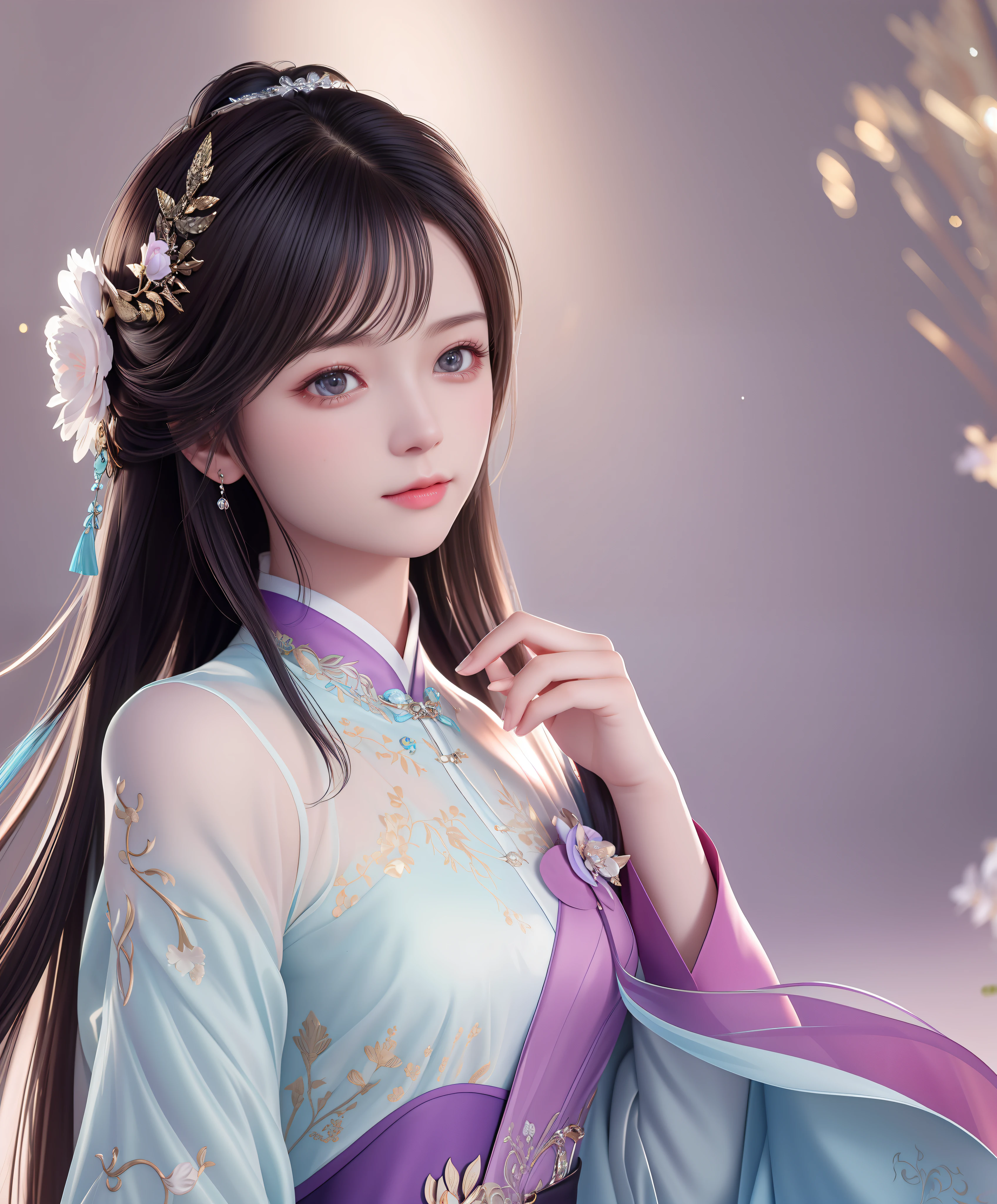 （tmasterpiece，超高分辨率，8K uhd，best qualtiy，RAW photogr，realisticlying，realisticlying，photo-realistic，Real Human），（（1 girl）），tech sense，CG，unified，the wallpaper，offcial art，astounding，finely detailled，Extremely refined and beautiful，The is very detailed，highly  detailed，Clear focus，rich background，vague background， Background bokeh，dingdall effect，（photon maping，Radio City，physically-based renderingt，automatic white balance），dark studio，edge lit，twotonelighting， DSLR, softlighting, high qulity, volumettic light,（（（highdetailskin：1.2，Visible Pore））），（（facial closeups））），（（mediuml breasts：1.2）），20yr old，Chinese girls，purple dress